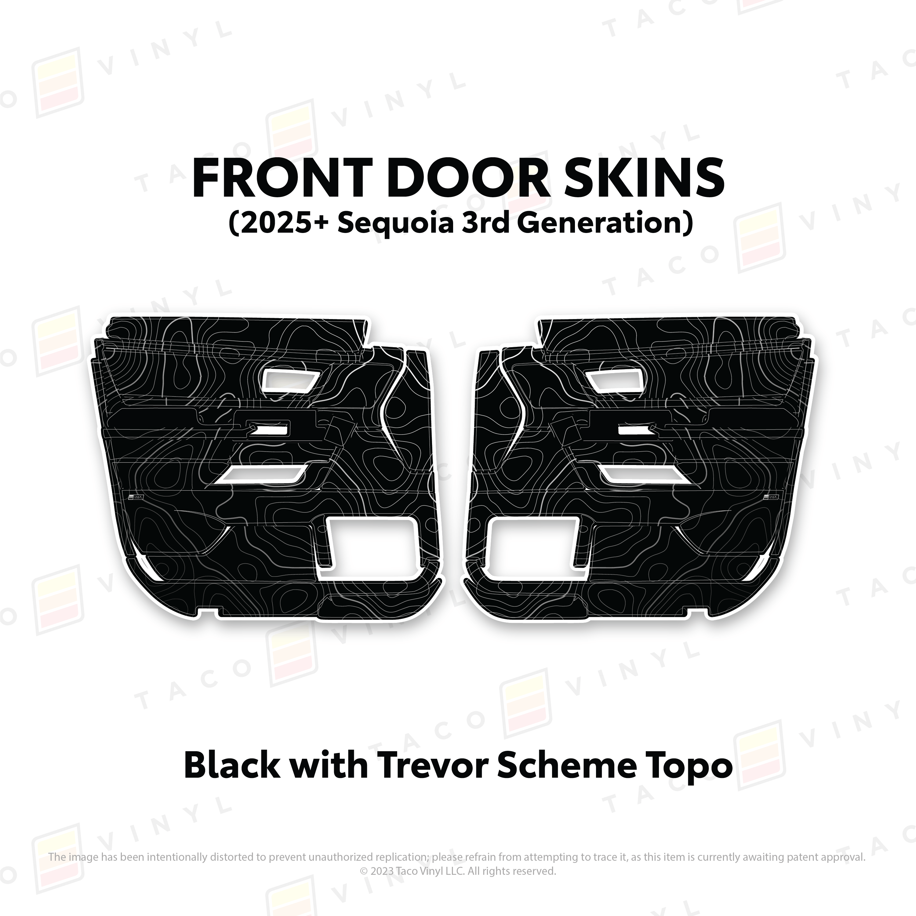 Taco Vinyl Protective Vinyl Front Driver/Passenger / Black w/Trevor Scheme Topo 2023+ Sequoia Door Skins