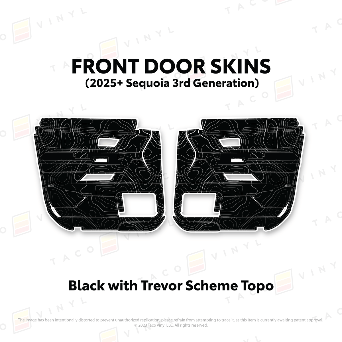 Taco Vinyl Protective Vinyl Front Driver/Passenger / Black w/Trevor Scheme Topo 2023+ Sequoia Door Skins