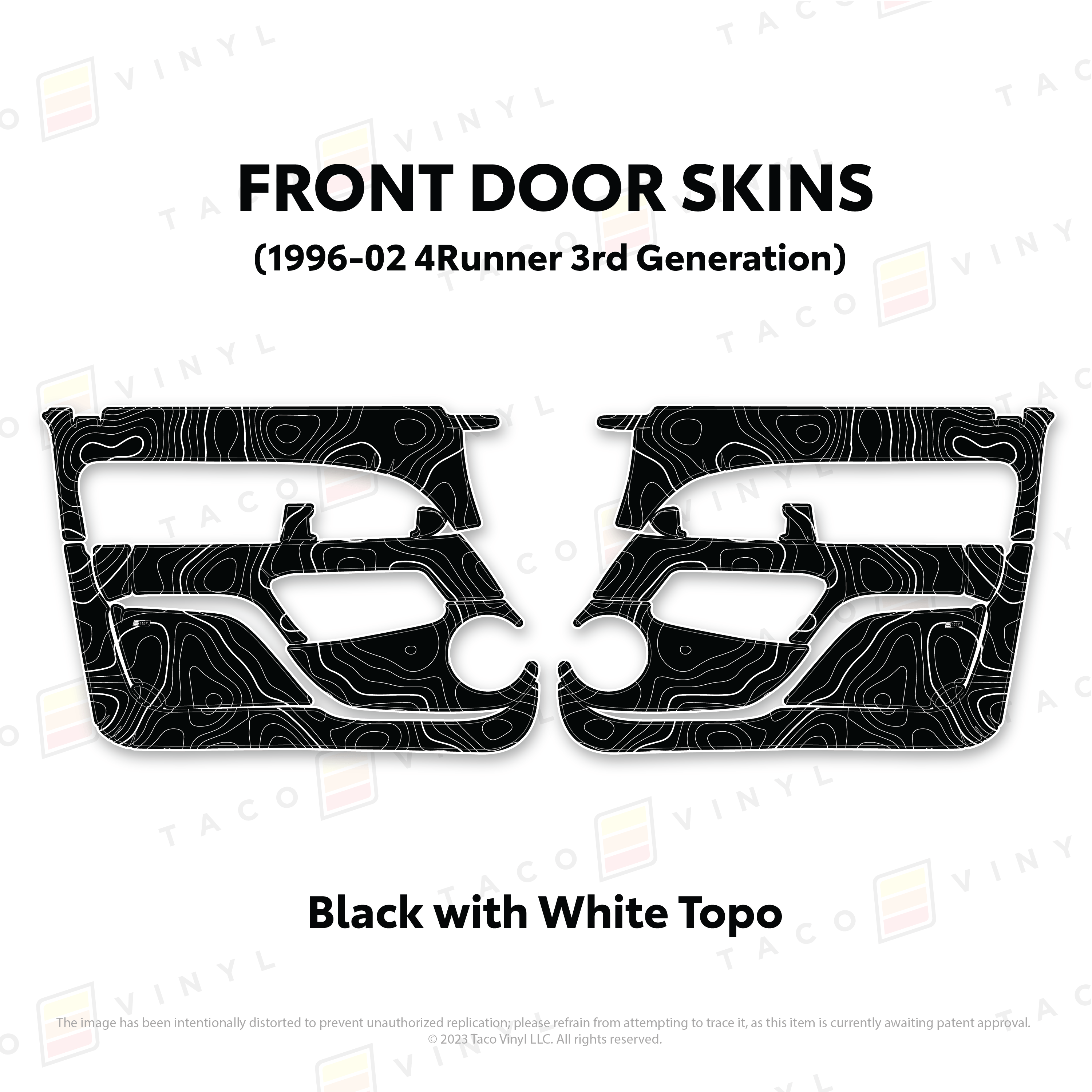 Taco Vinyl Protective Vinyl Front Driver/Passenger / Black w/White Topo 1996-2002 4Runner Door Skins