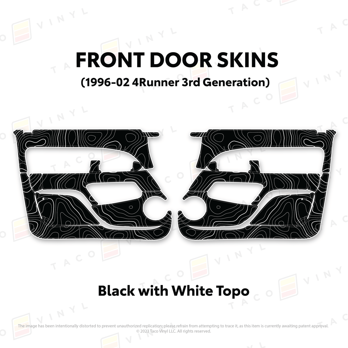 Taco Vinyl Protective Vinyl Front Driver/Passenger / Black w/White Topo 1996-2002 4Runner Door Skins