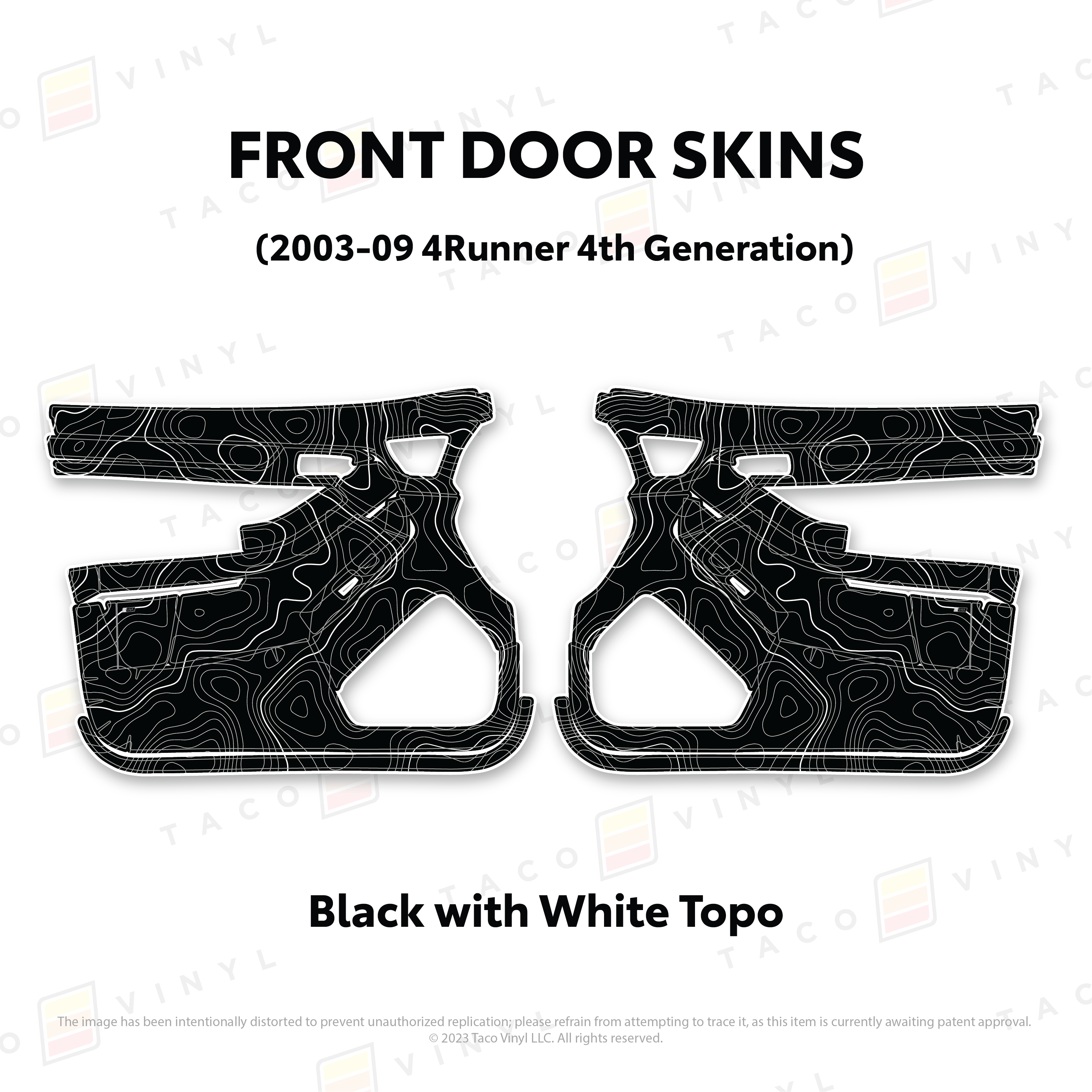 Taco Vinyl Protective Vinyl Front Driver/Passenger / Black w/White Topo 2003-2009 4Runner Door Skins