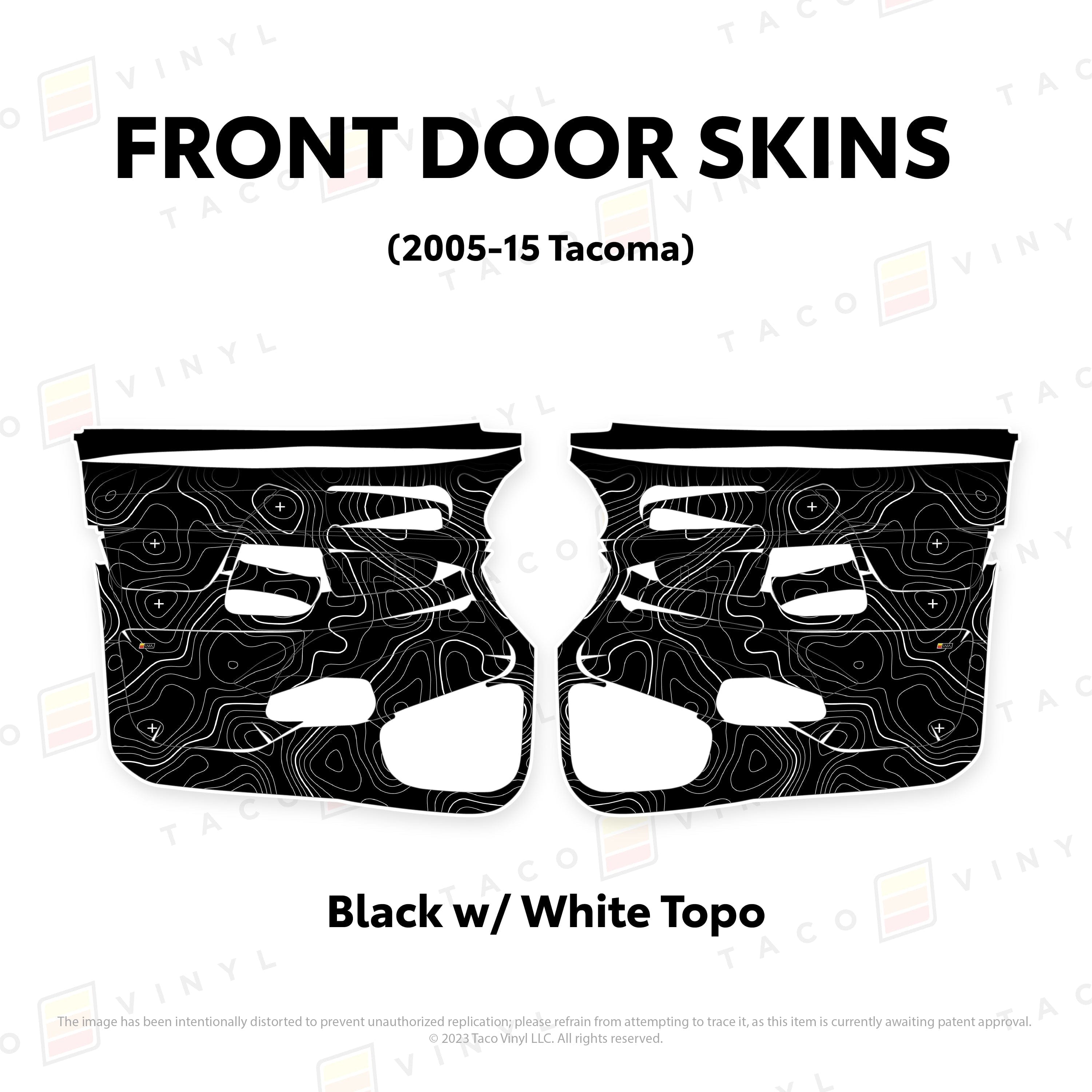 Taco Vinyl Protective Vinyl Front Driver/Passenger / Black w/ White Topo 2005-15 Tacoma Door Skins