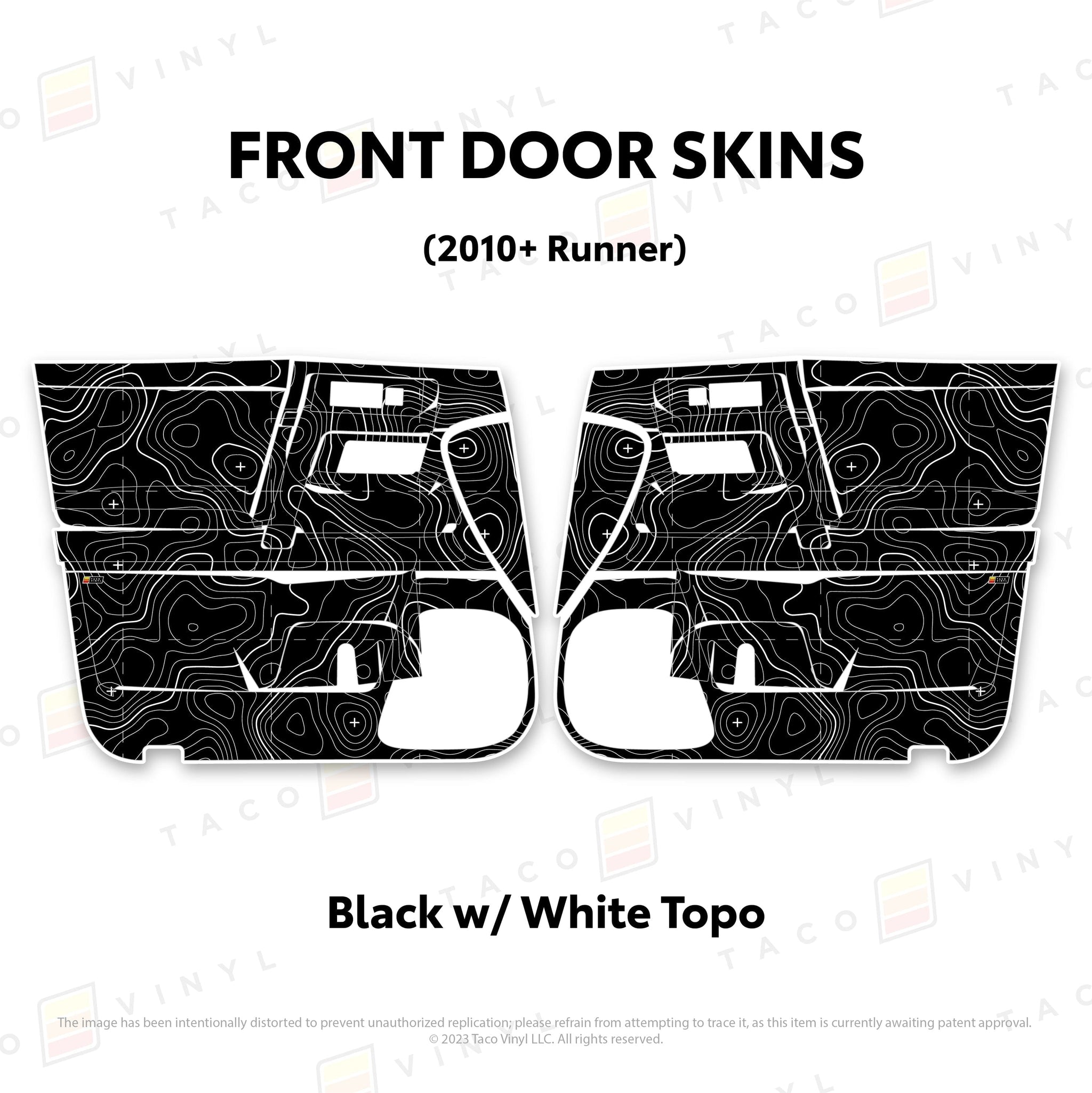 Taco Vinyl Protective Vinyl Front Driver/Passenger / Black w/ White Topo 2010-24 4Runner Door Skins