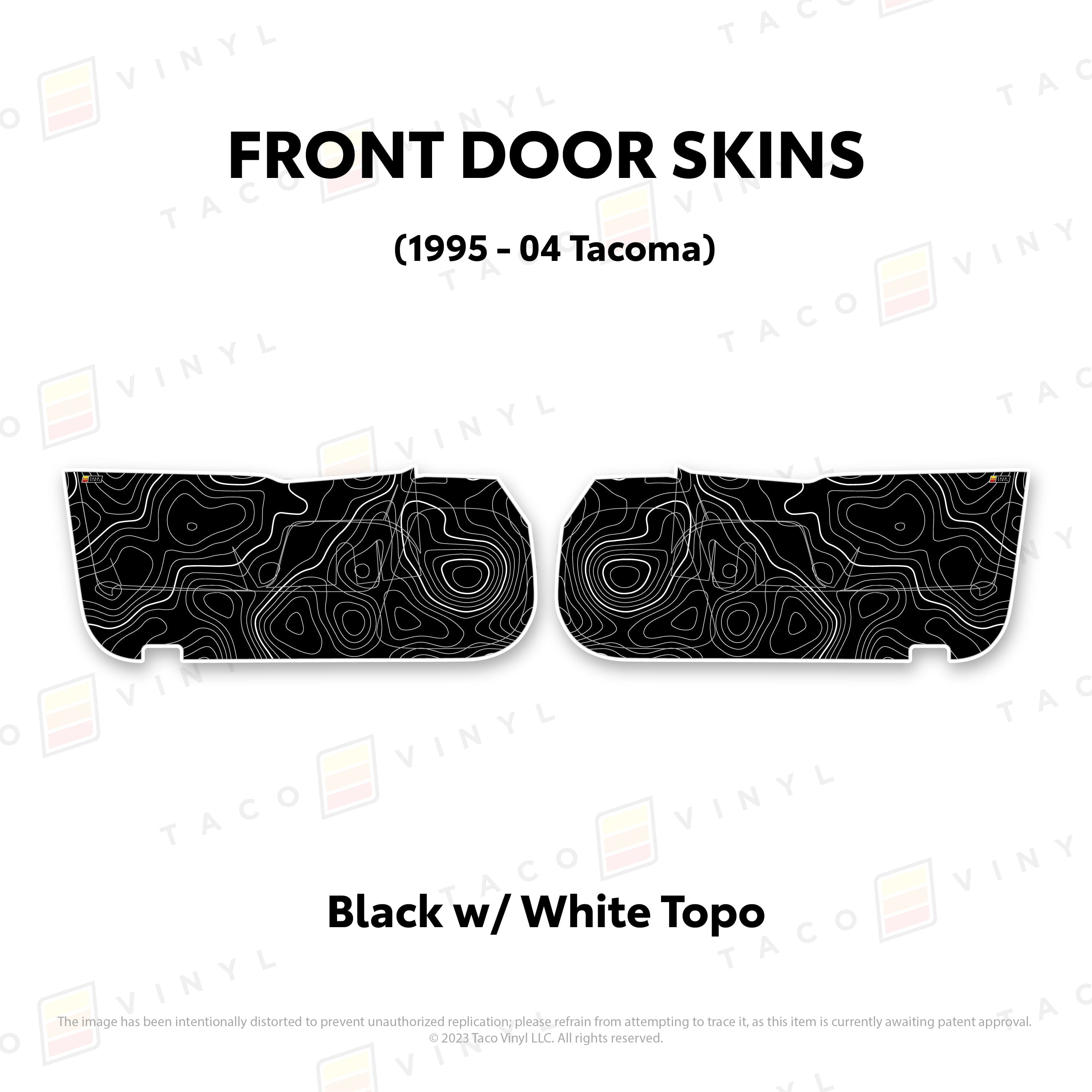 Taco Vinyl Protective Vinyl Front Driver/Passenger / Black w/ White Topo 2010-24 4Runner Door Skins (Lower Section)