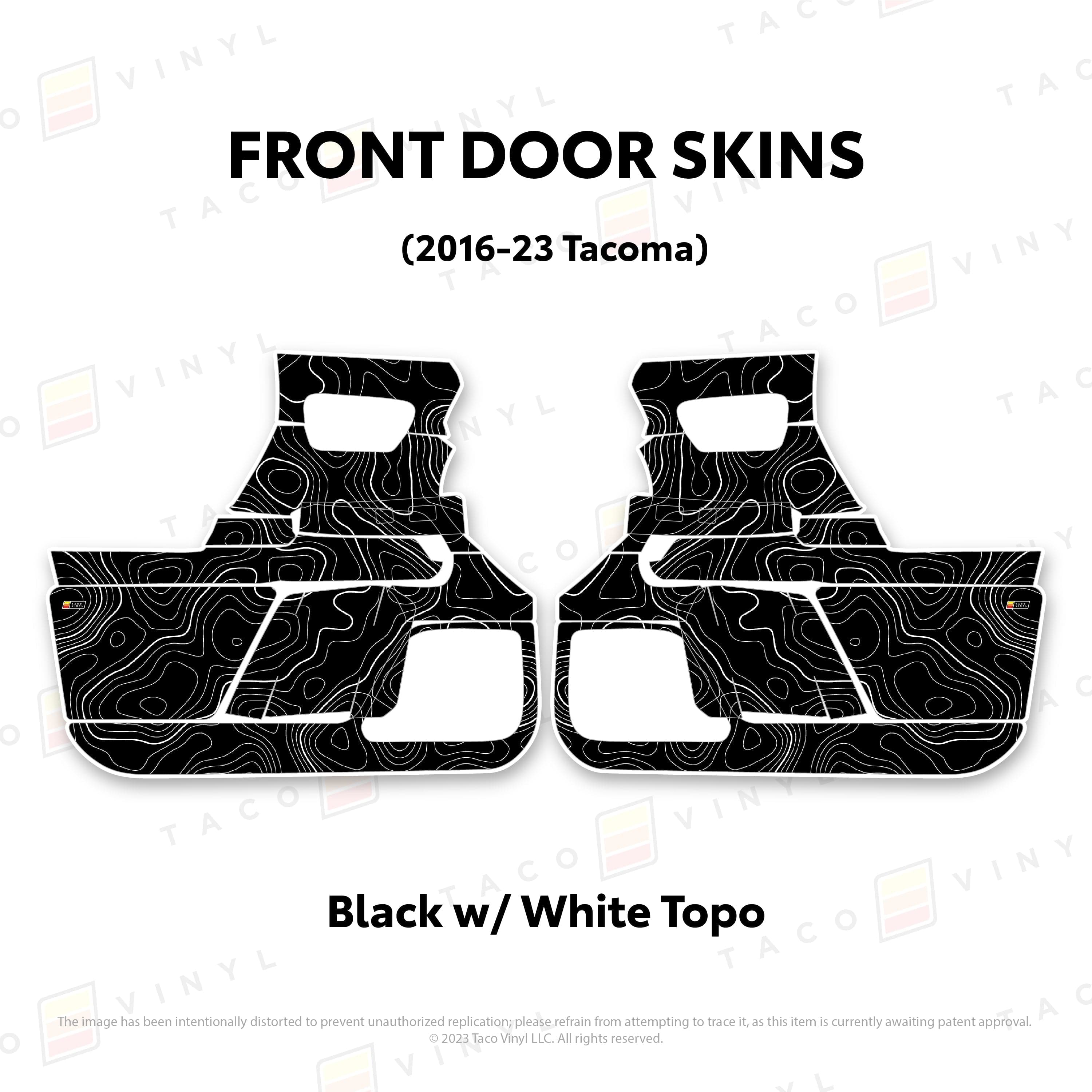 Taco Vinyl Protective Vinyl Front Driver/Passenger / Black w/ White Topo 2016-23 Tacoma Door Skins