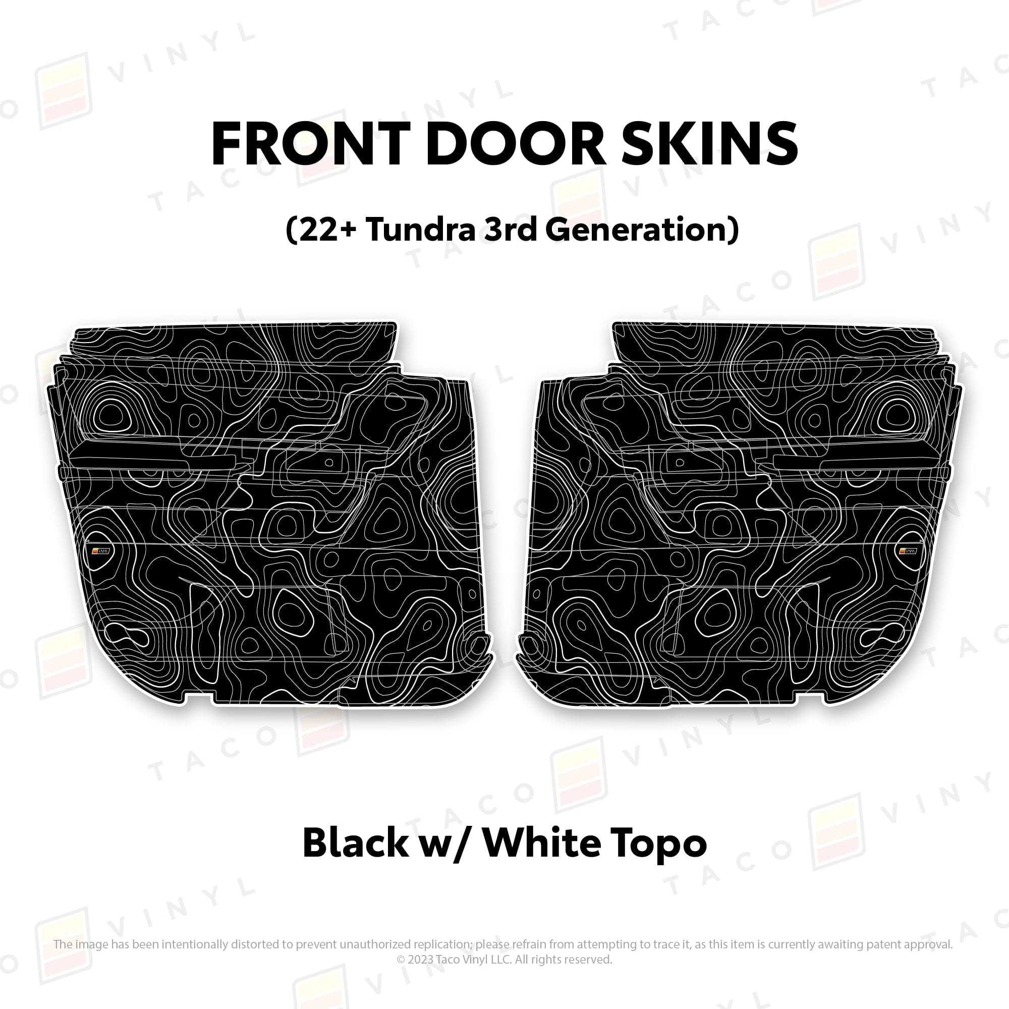 Taco Vinyl Protective Vinyl Front Driver/Passenger / Black w/ White Topo 2022+ Tundra Door Skins