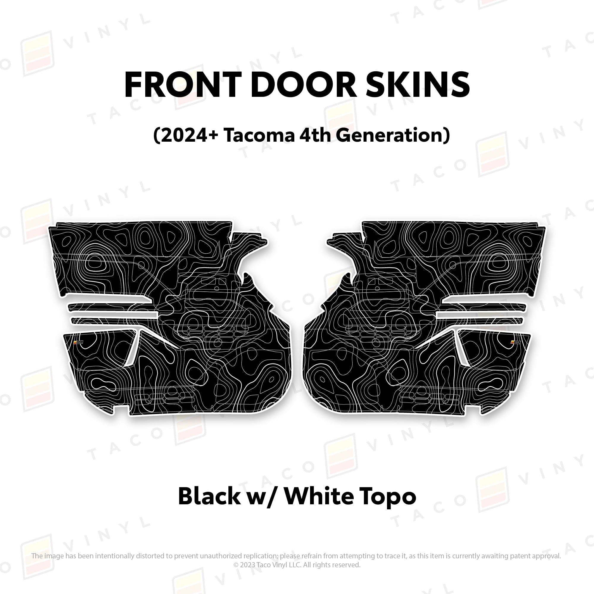 Taco Vinyl Protective Vinyl Front Driver/Passenger / Black w/ White Topo 2024+ Tacoma Door Skins