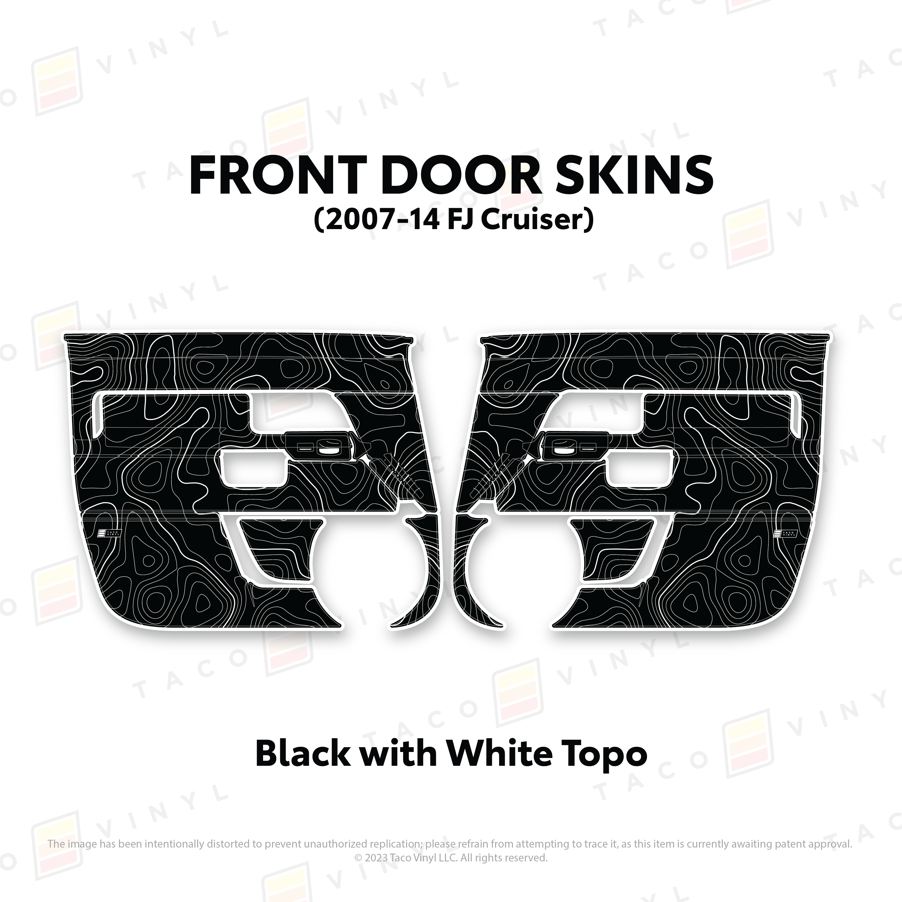 Taco Vinyl Protective Vinyl Front Driver/Passenger / Black w/ White Topo FJ Cruiser Door Skins