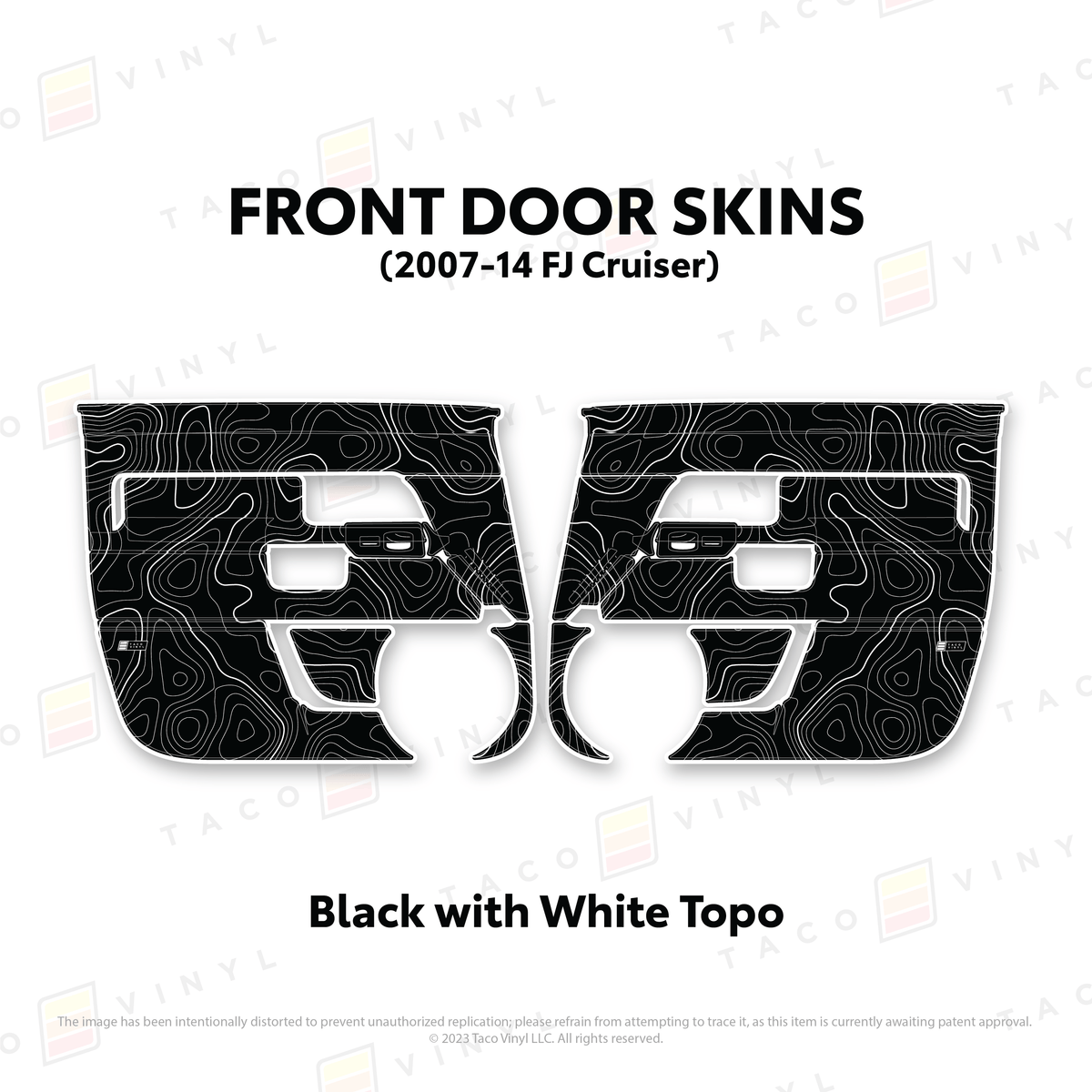 Taco Vinyl Protective Vinyl Front Driver/Passenger / Black w/ White Topo FJ Cruiser Door Skins