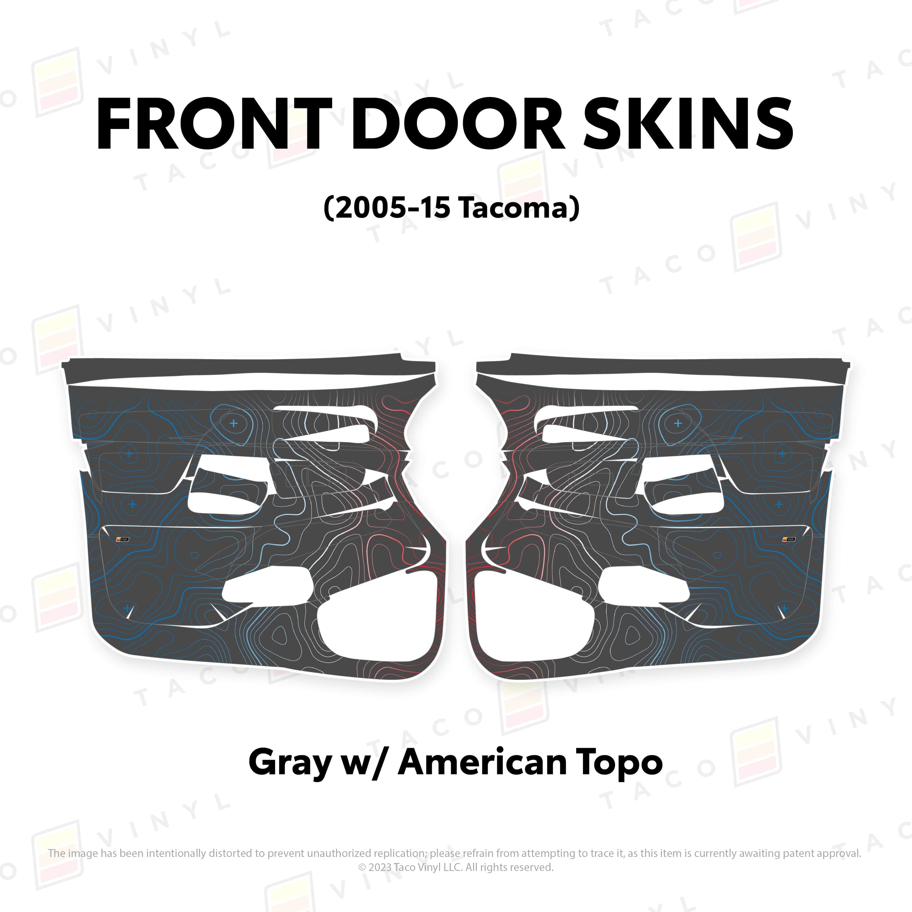 Taco Vinyl Protective Vinyl Front Driver/Passenger / Gray w/American Scheme Topo 2005-15 Tacoma Door Skins