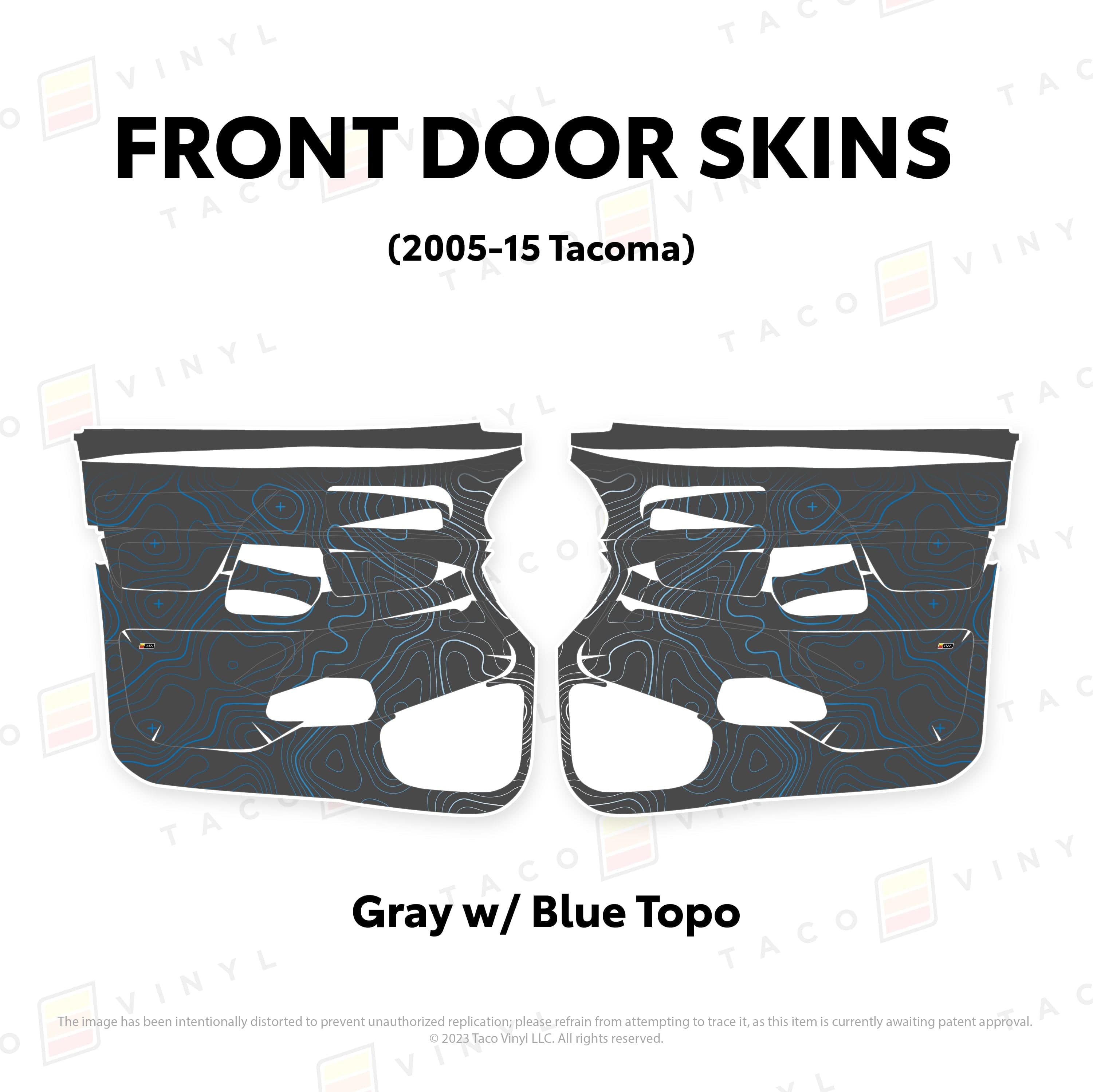 Taco Vinyl Protective Vinyl Front Driver/Passenger / Gray w/Blue Scheme Topo 2005-15 Tacoma Door Skins