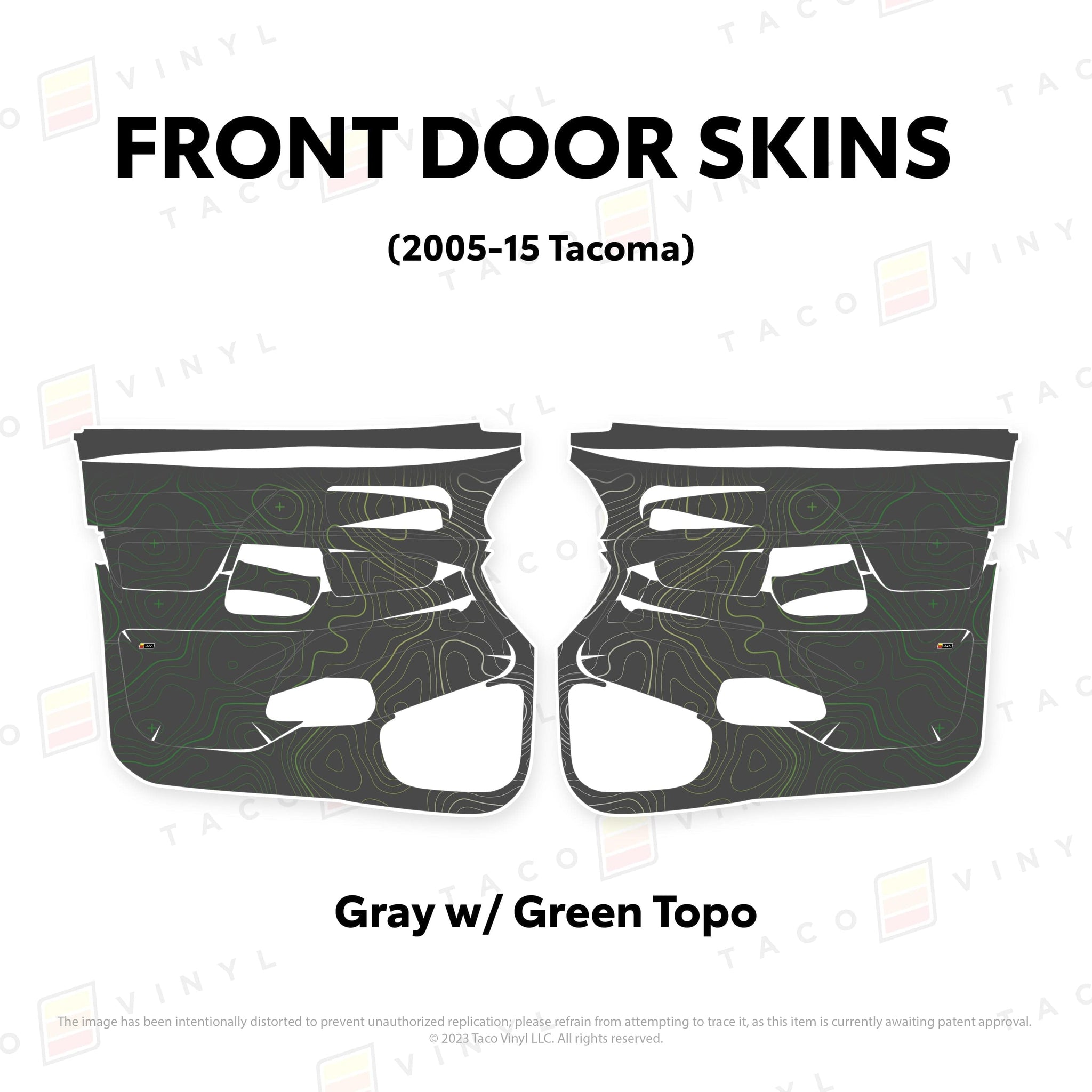 Taco Vinyl Protective Vinyl Front Driver/Passenger / Gray w/Green Scheme Topo 2005-15 Tacoma Door Skins