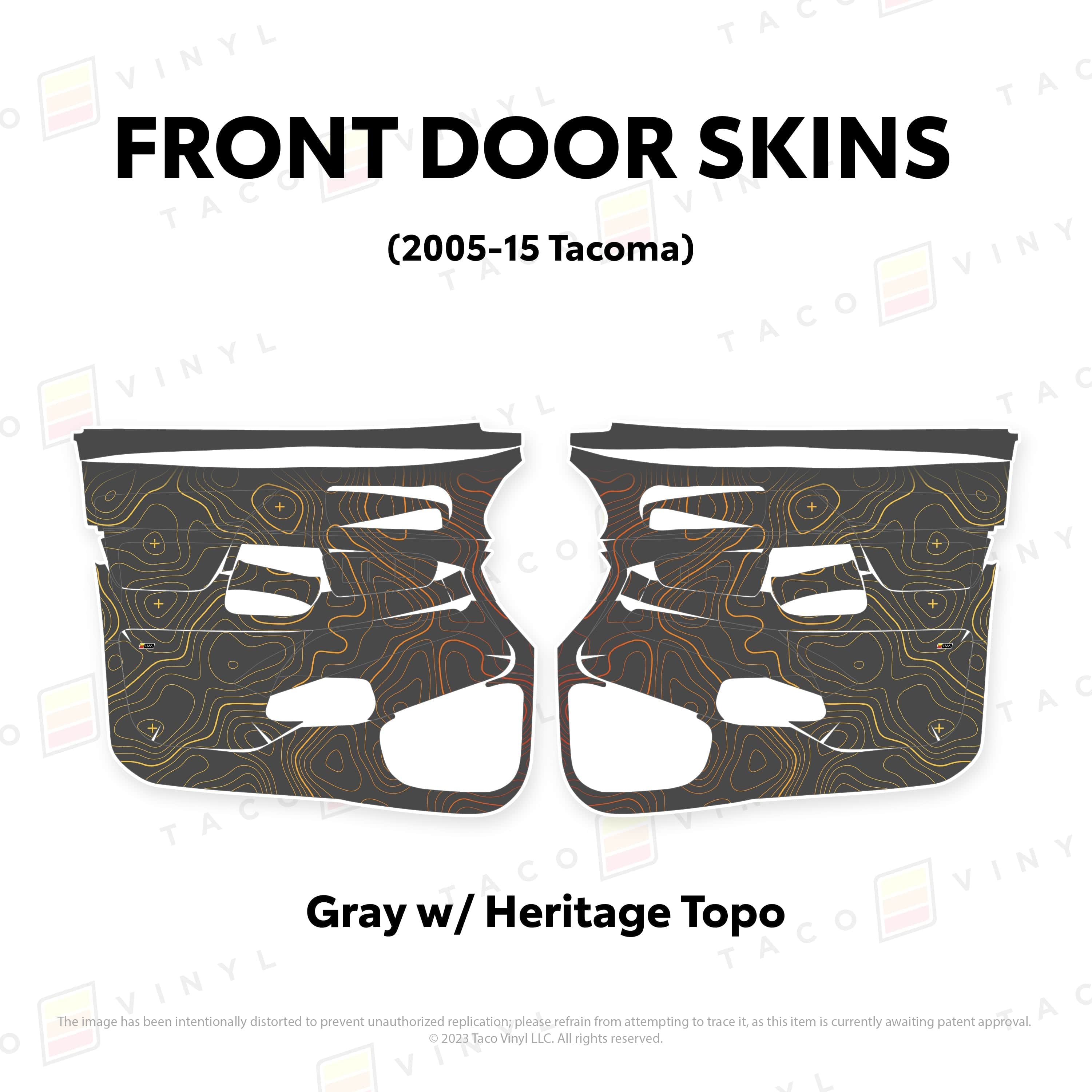 Taco Vinyl Protective Vinyl Front Driver/Passenger / Gray w/ Heritage Topo 2005-15 Tacoma Door Skins