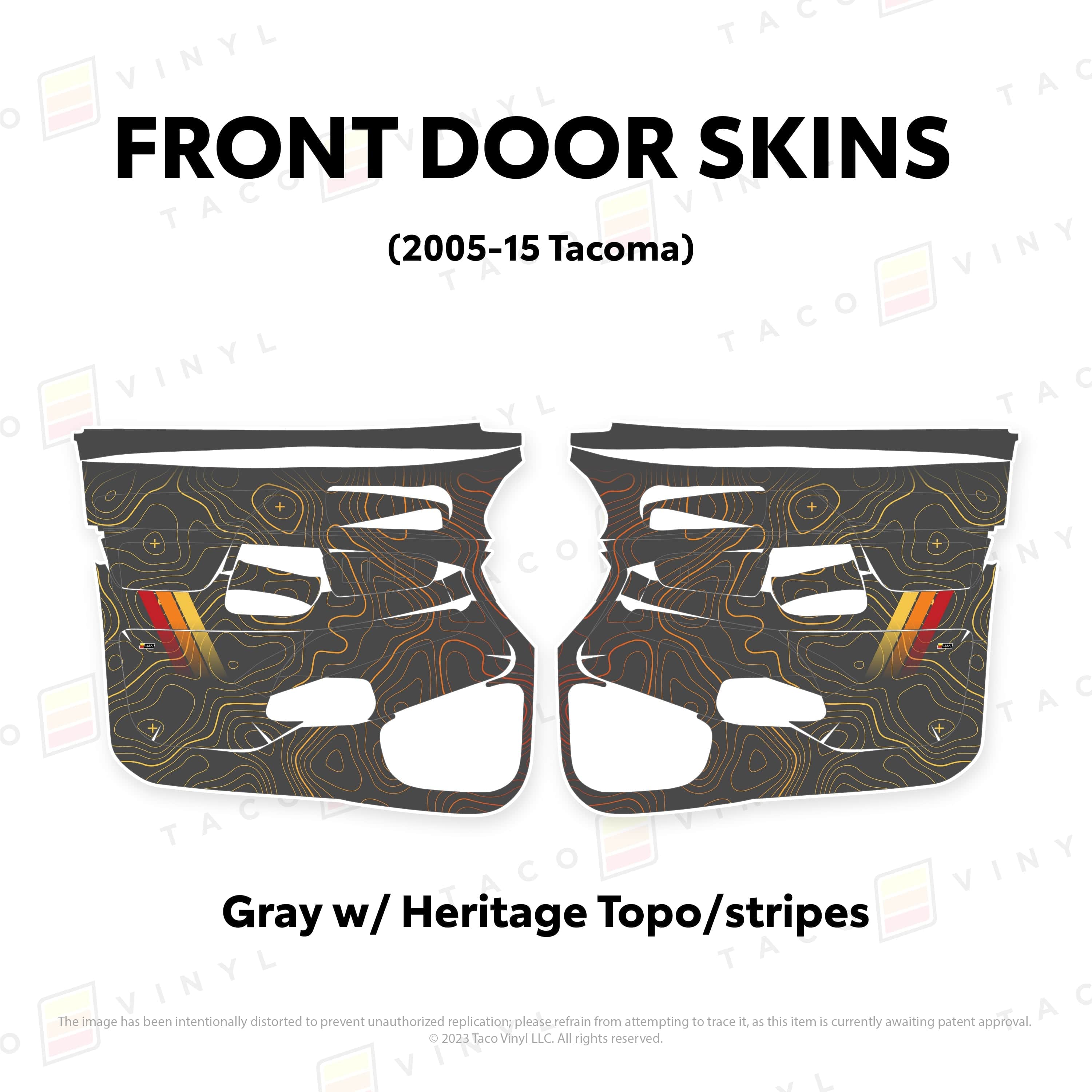 Taco Vinyl Protective Vinyl Front Driver/Passenger / Gray w/ Heritage Topo/stripes 2005-15 Tacoma Door Skins