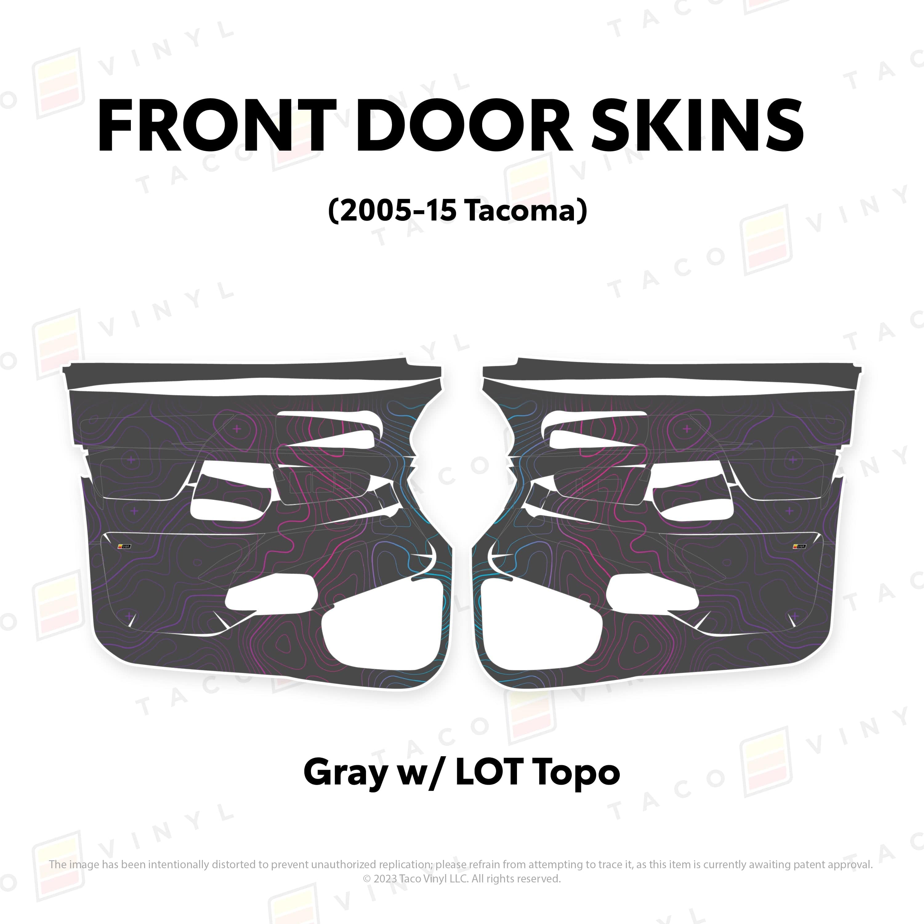 Taco Vinyl Protective Vinyl Front Driver/Passenger / Gray w/LOT Scheme Topo 2005-15 Tacoma Door Skins