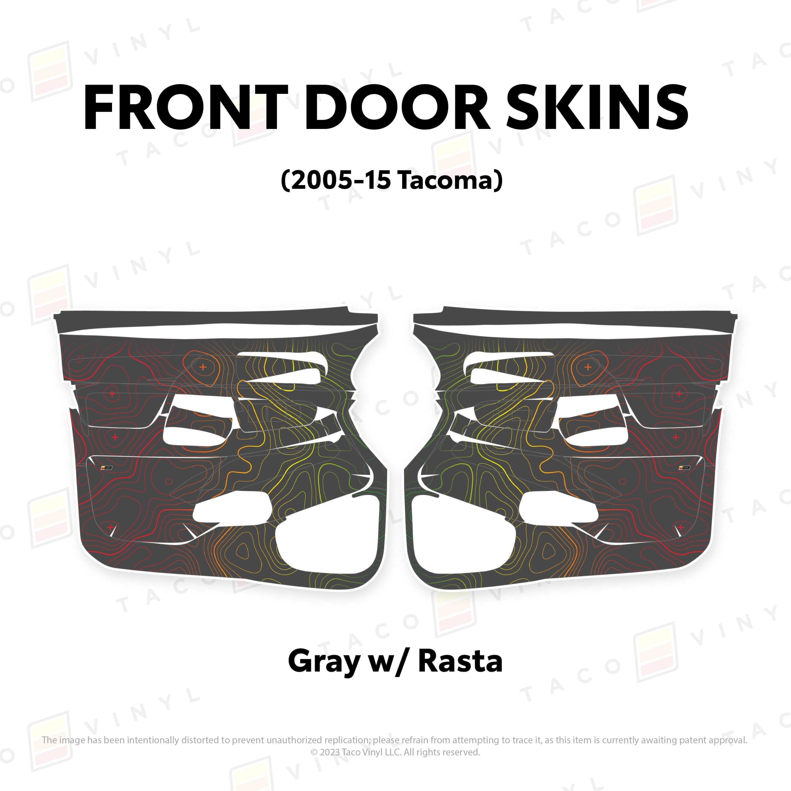 Taco Vinyl Protective Vinyl Front Driver/Passenger / Gray w/Rasta Scheme Topo 2005-15 Tacoma Door Skins