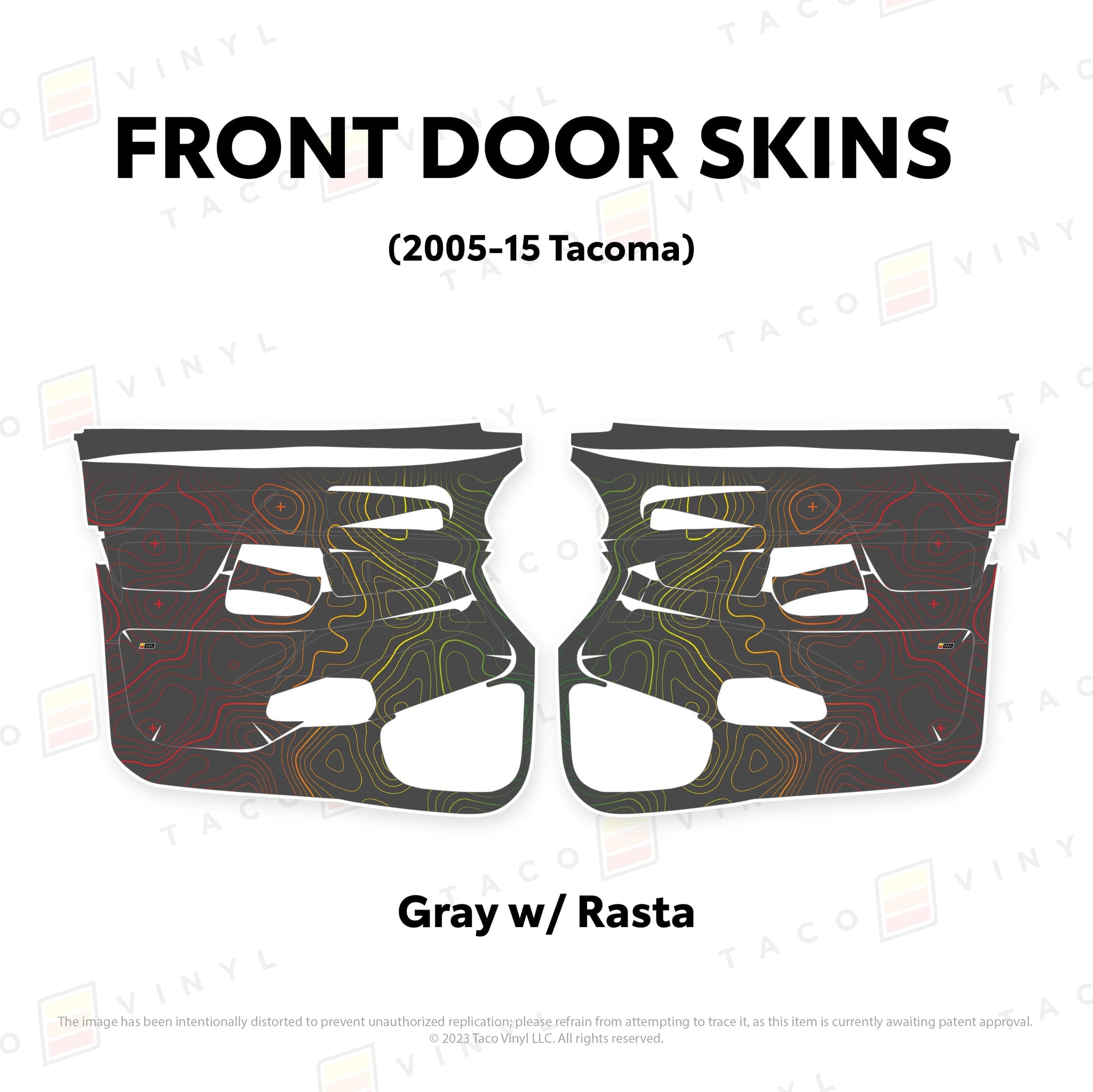 Taco Vinyl Protective Vinyl Front Driver/Passenger / Gray w/Rasta Scheme Topo 2005-15 Tacoma Door Skins