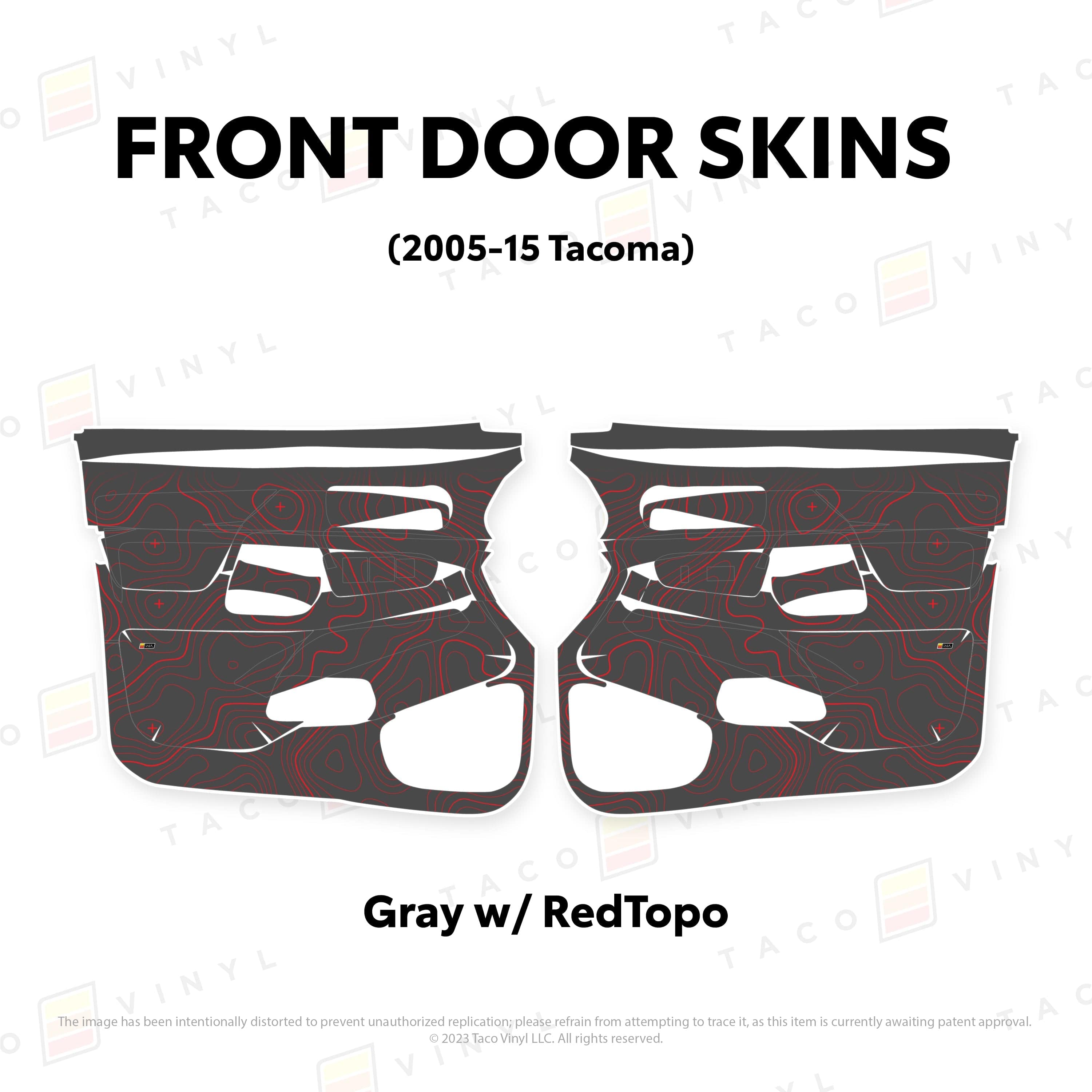 Taco Vinyl Protective Vinyl Front Driver/Passenger / Gray w/Red Topo 2005-15 Tacoma Door Skins