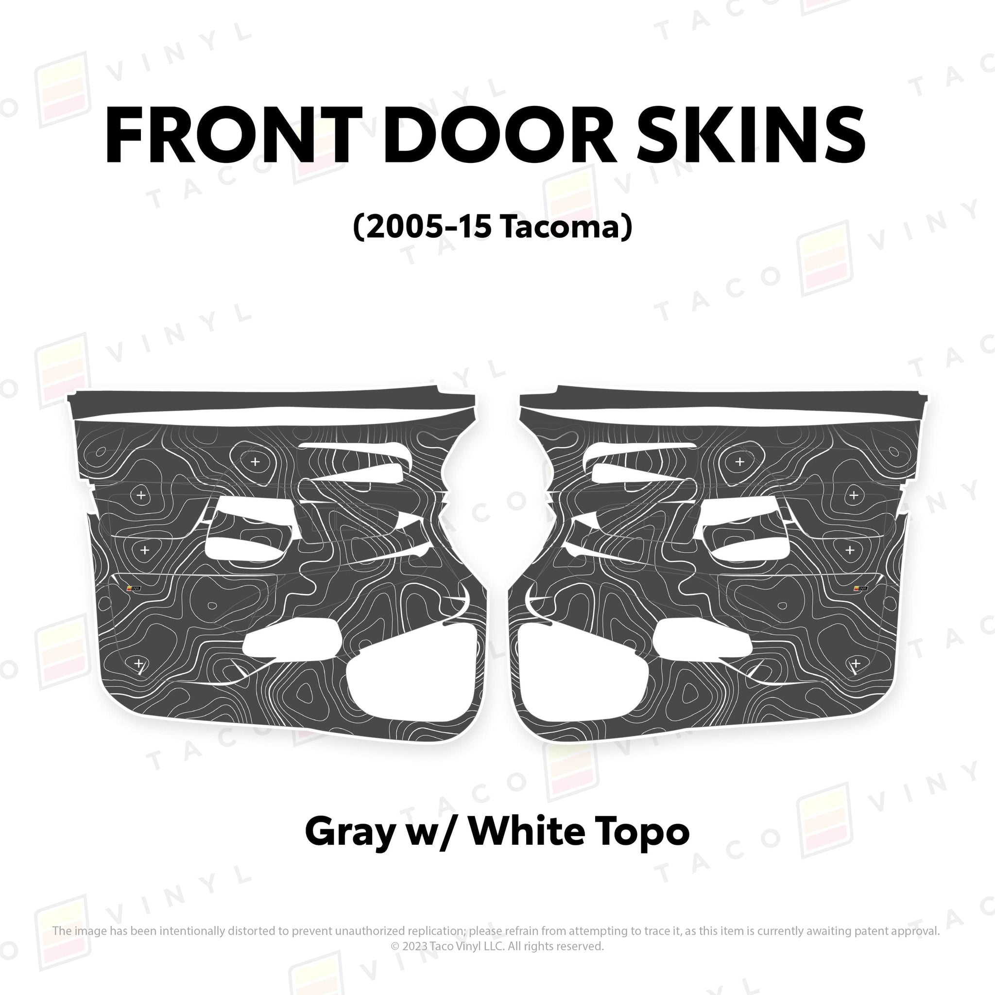 Taco Vinyl Protective Vinyl Front Driver/Passenger / Gray w/ White Topo 2005-15 Tacoma Door Skins