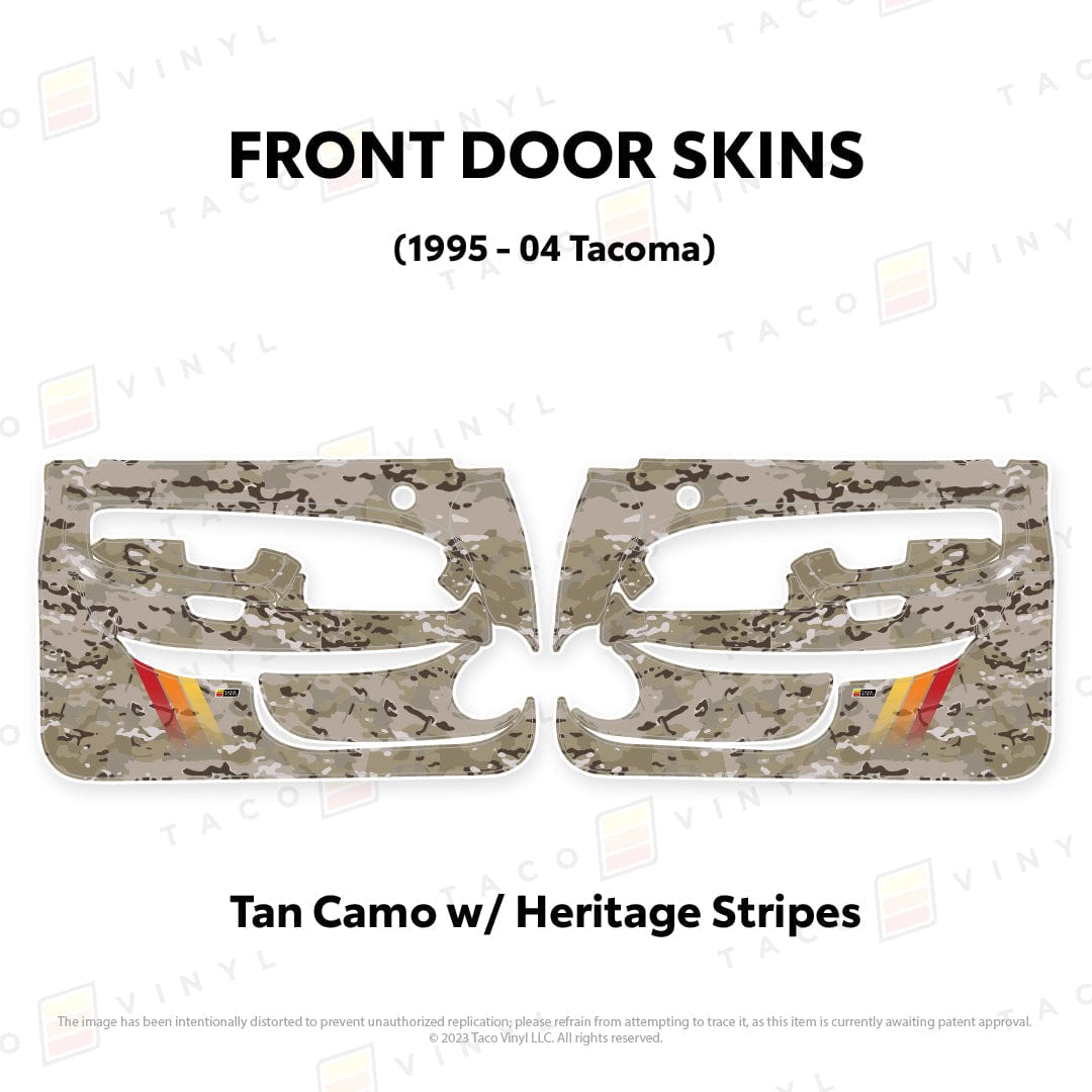 Taco Vinyl Protective Vinyl Front Driver/Passenger / Tan Camo w/ Heritage Stripes 1995-04 Tacoma Door Skins