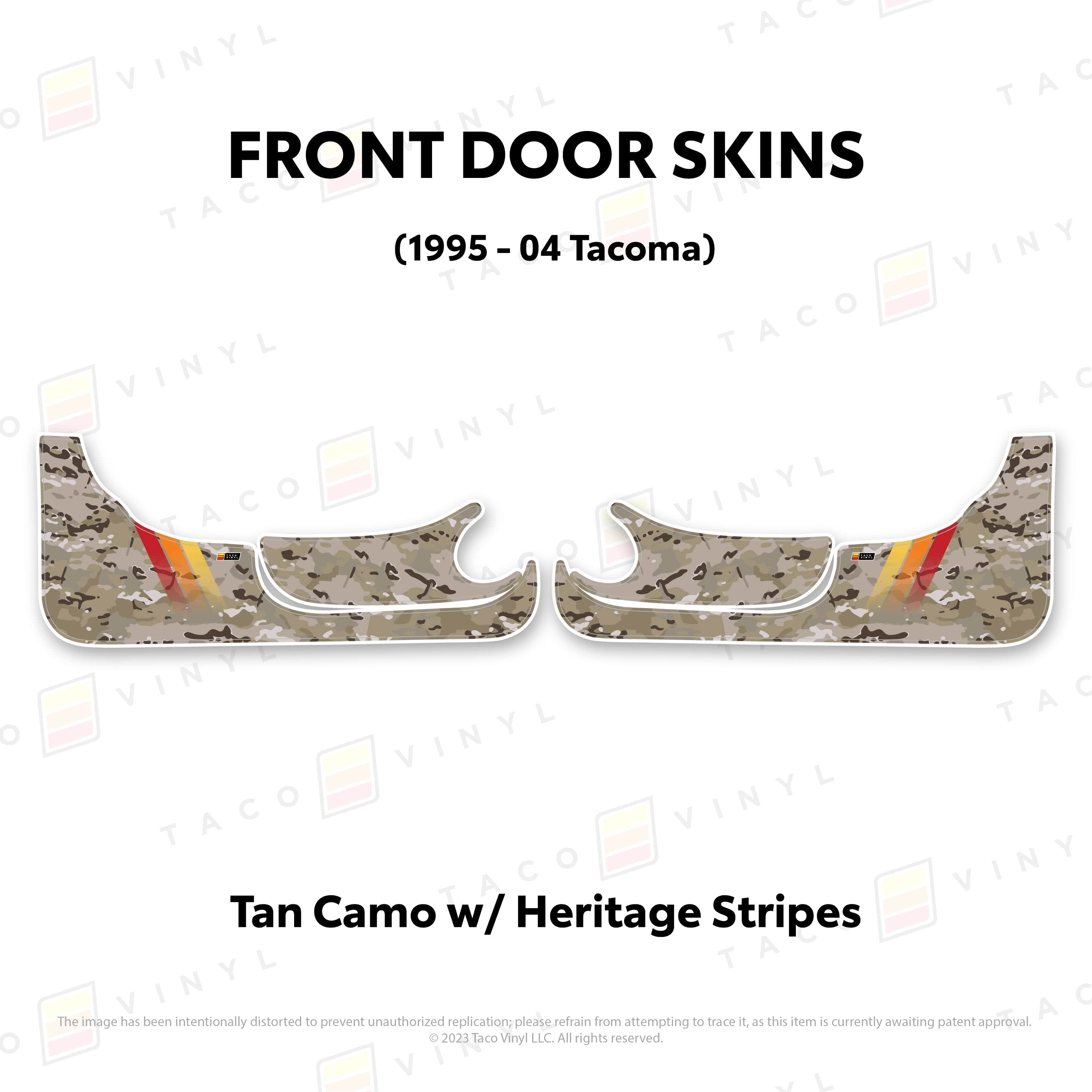 Taco Vinyl Protective Vinyl Front Driver/Passenger / Tan Camo w/ Heritage Stripes 1995-04 Tacoma Door Skins (Lower Section)