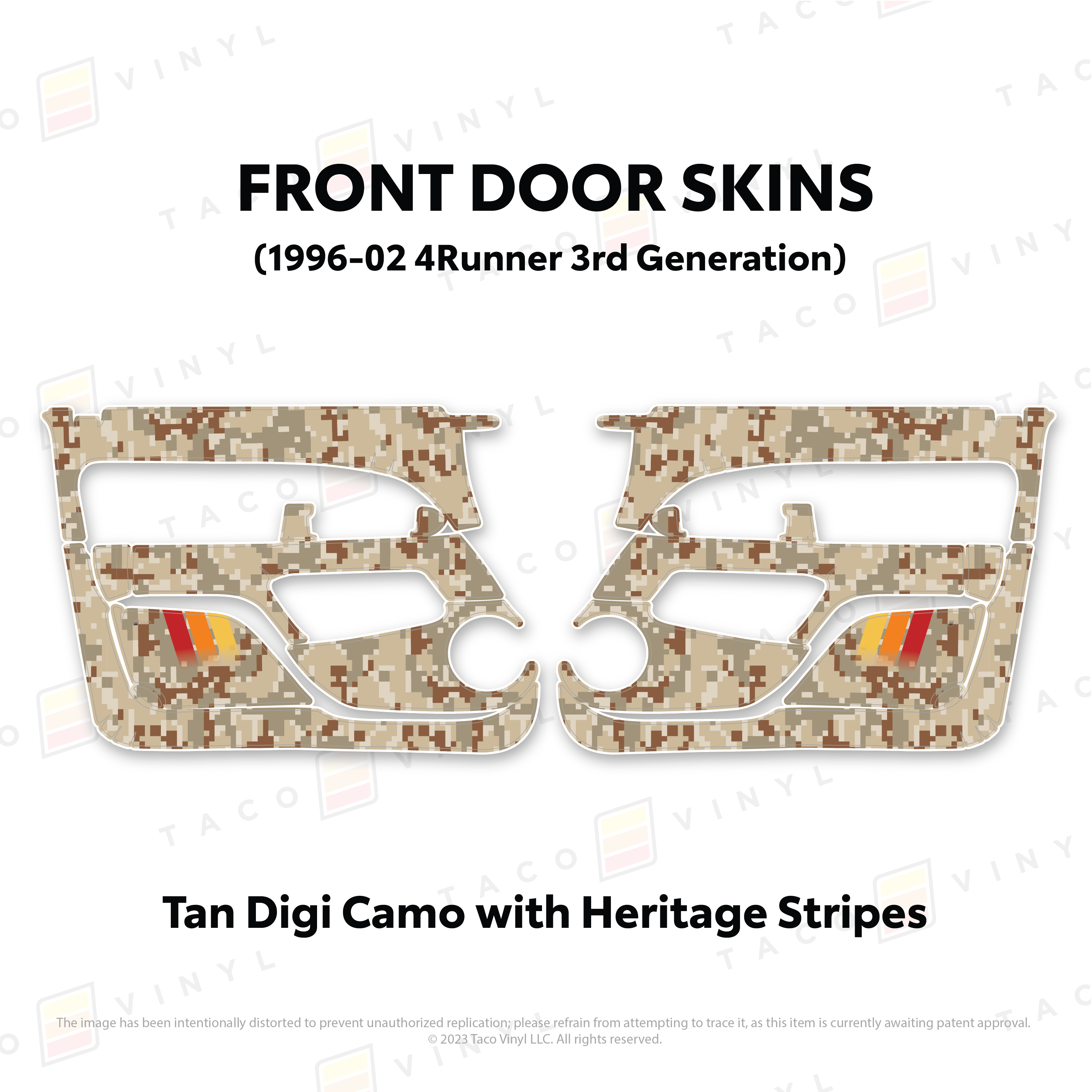 Taco Vinyl Protective Vinyl Front Driver/Passenger / Tan Digi Camo w/Heritage Stripes 1996-2002 4Runner Door Skins