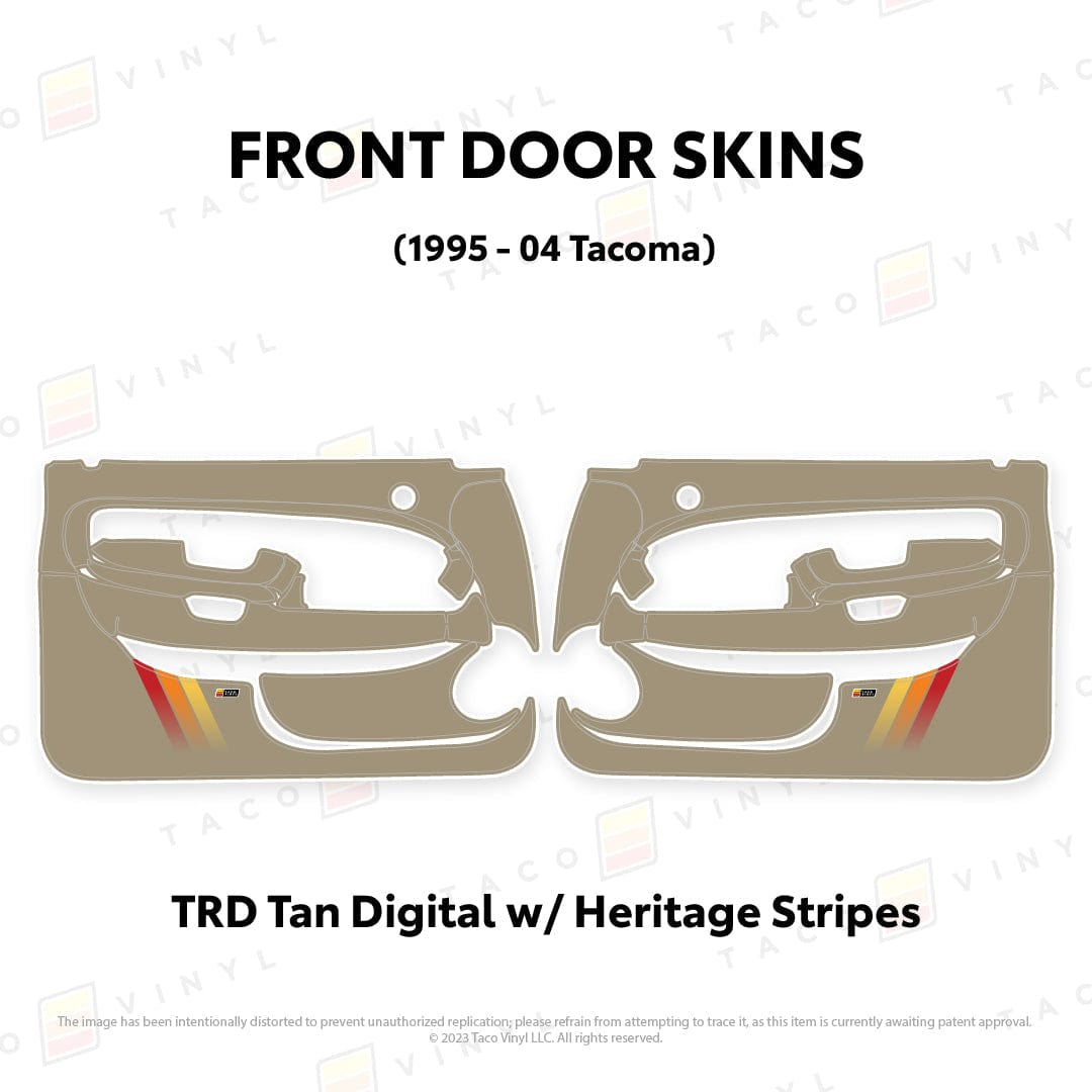 Taco Vinyl Protective Vinyl Front Driver/Passenger / TRD Tan Digital w/Heritage Stripes 1995-04 Tacoma Door Skins