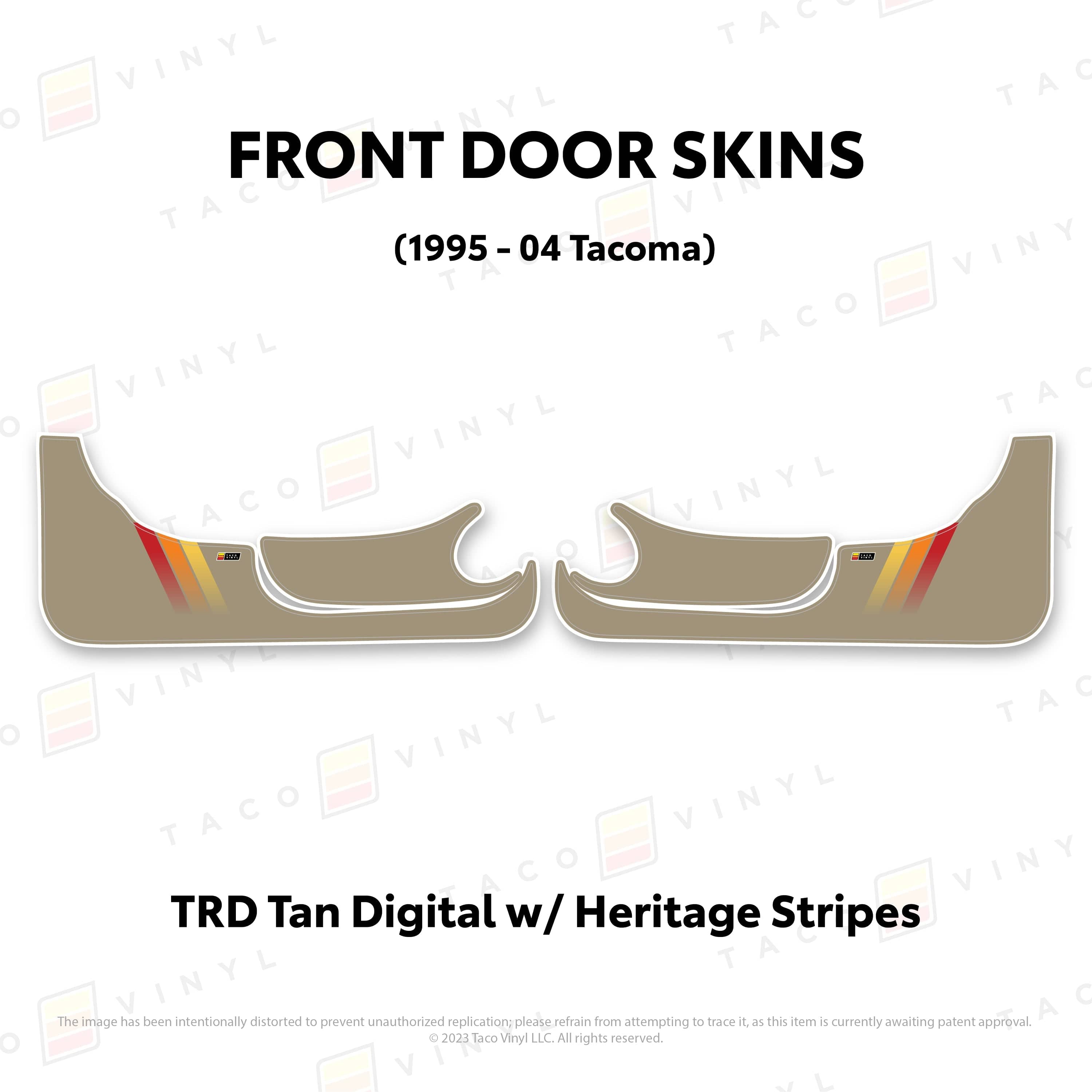 Taco Vinyl Protective Vinyl Front Driver/Passenger / TRD Tan Digital w/Heritage Stripes 1995-04 Tacoma Door Skins (Lower Section)