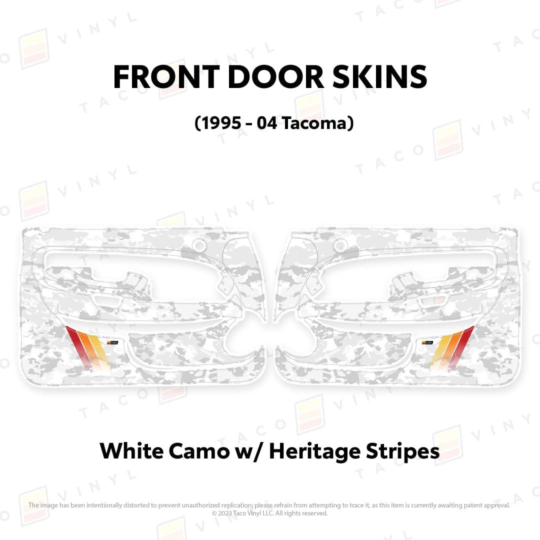 Taco Vinyl Protective Vinyl Front Driver/Passenger / White Camo w/Heritage Stripes 1995-04 Tacoma Door Skins