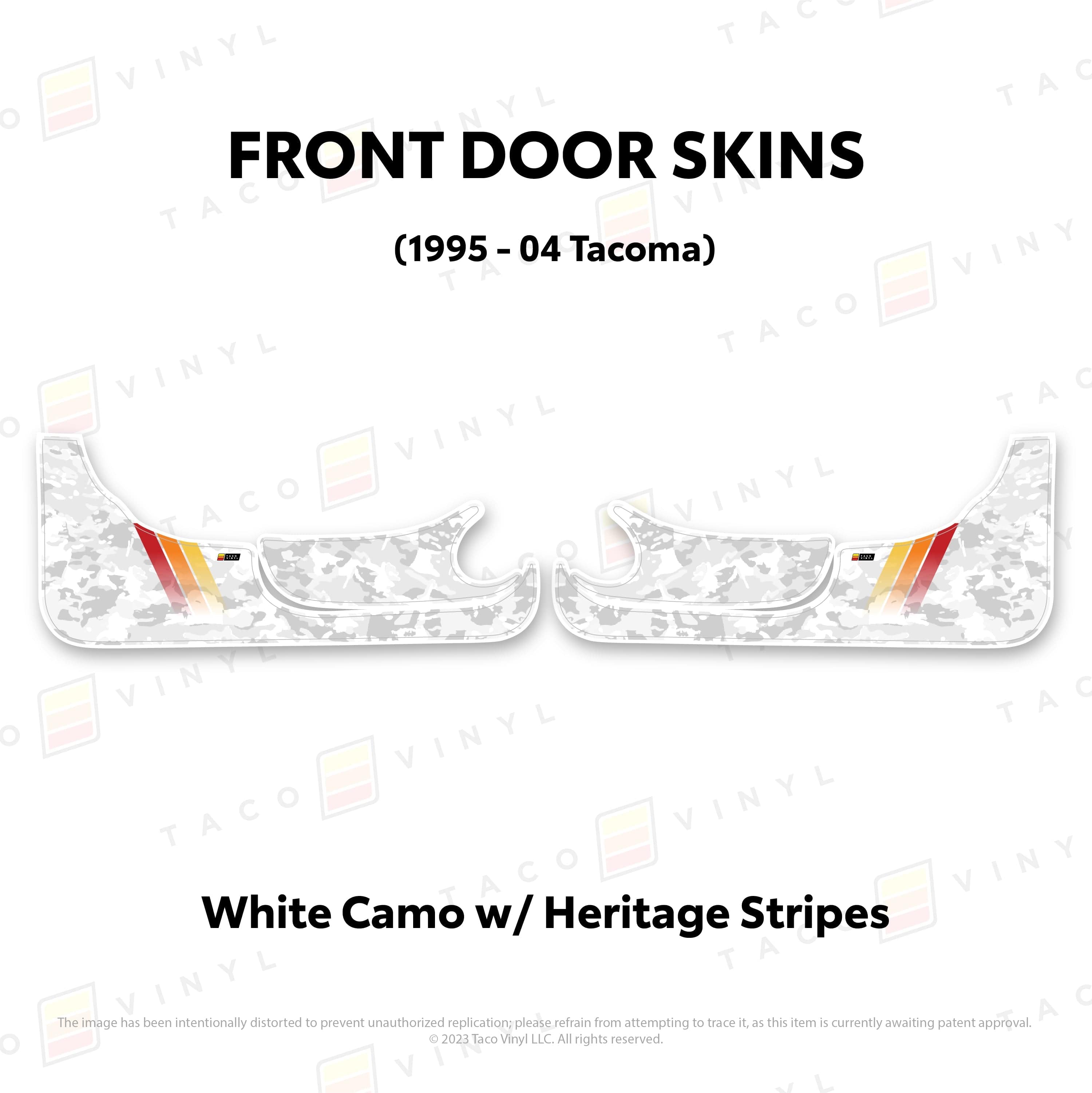 Taco Vinyl Protective Vinyl Front Driver/Passenger / White Camo w/Heritage Stripes 1995-04 Tacoma Door Skins (Lower Section)