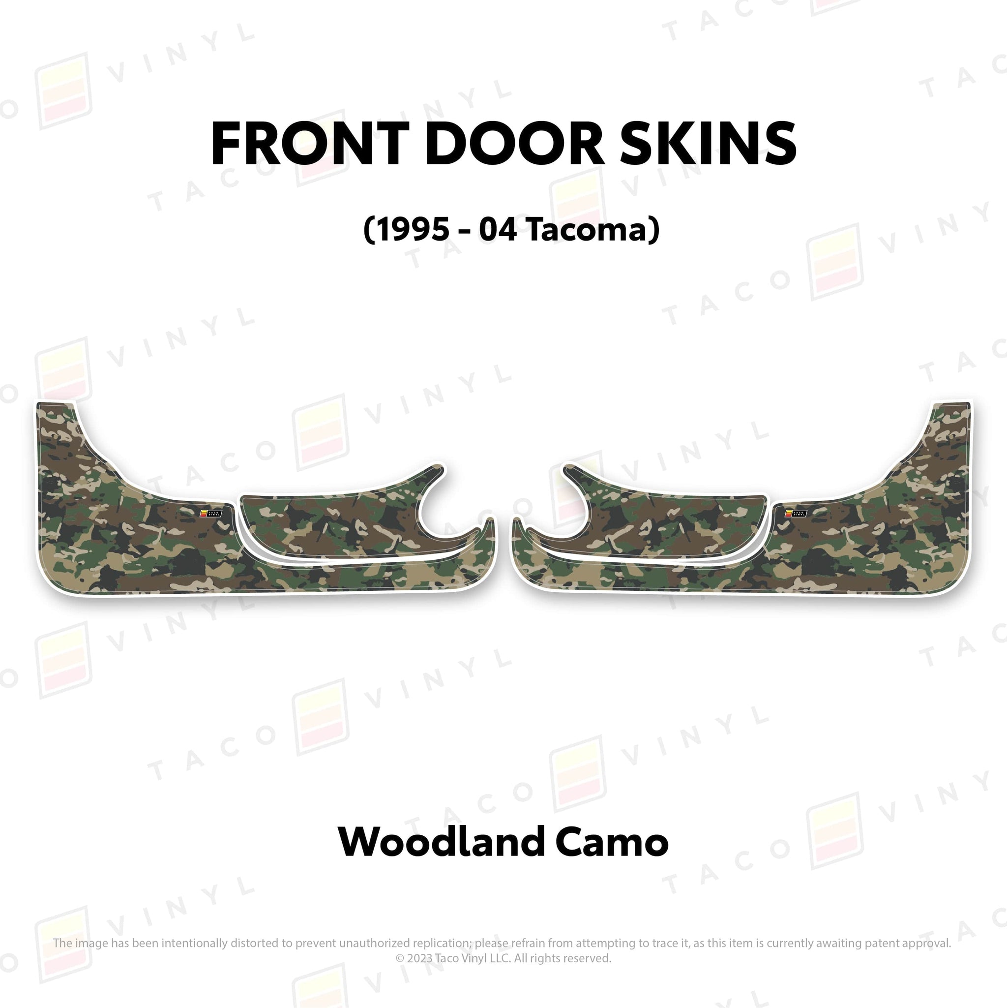 Taco Vinyl Protective Vinyl Front Driver/Passenger / Woodland Camo 1995-04 Tacoma Door Skins (Lower Section)