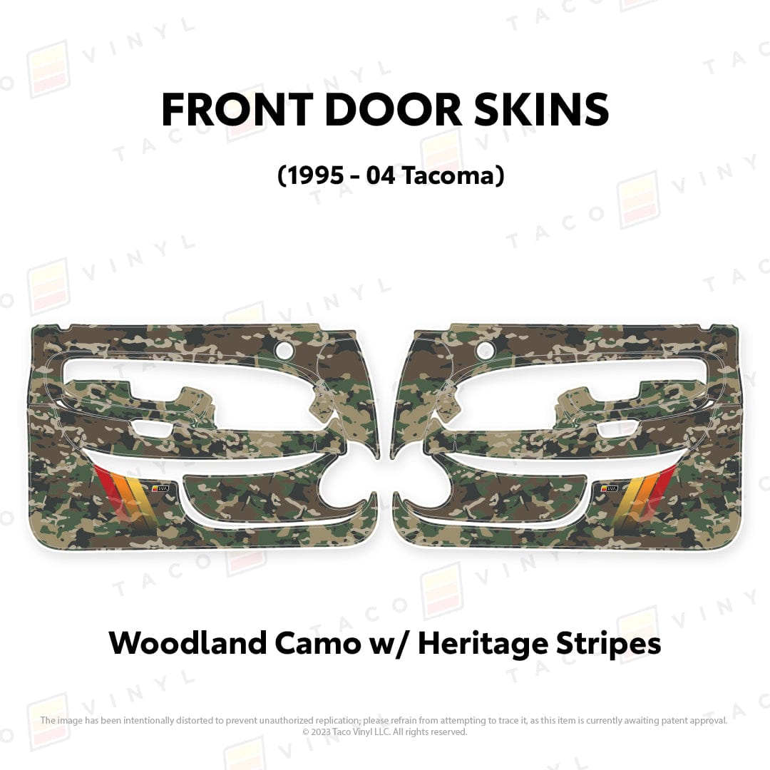 Taco Vinyl Protective Vinyl Front Driver/Passenger / Woodland Camo w/Heritage Stripes 1995-04 Tacoma Door Skins