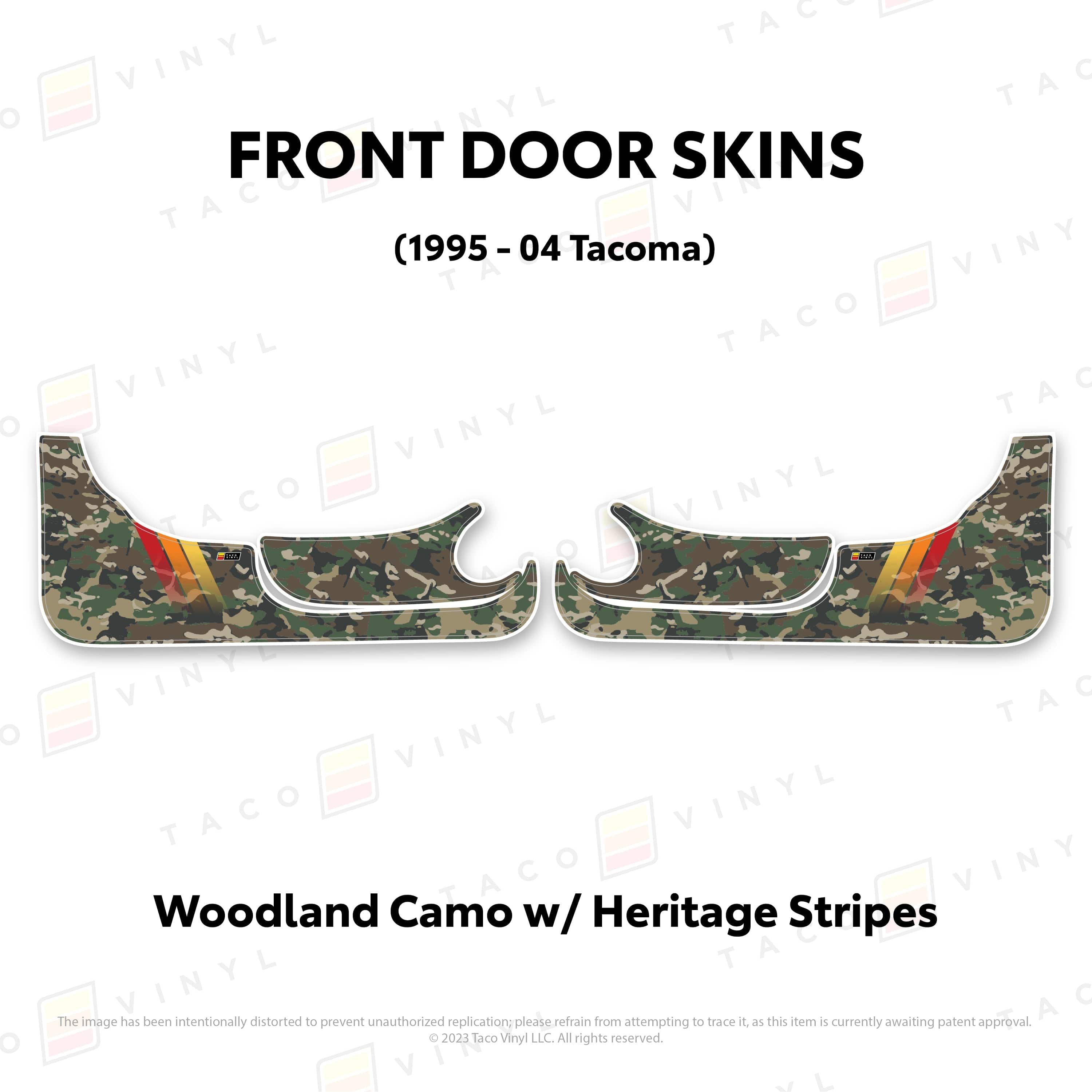 Taco Vinyl Protective Vinyl Front Driver/Passenger / Woodland Camo w/Heritage Stripes 1995-04 Tacoma Door Skins (Lower Section)