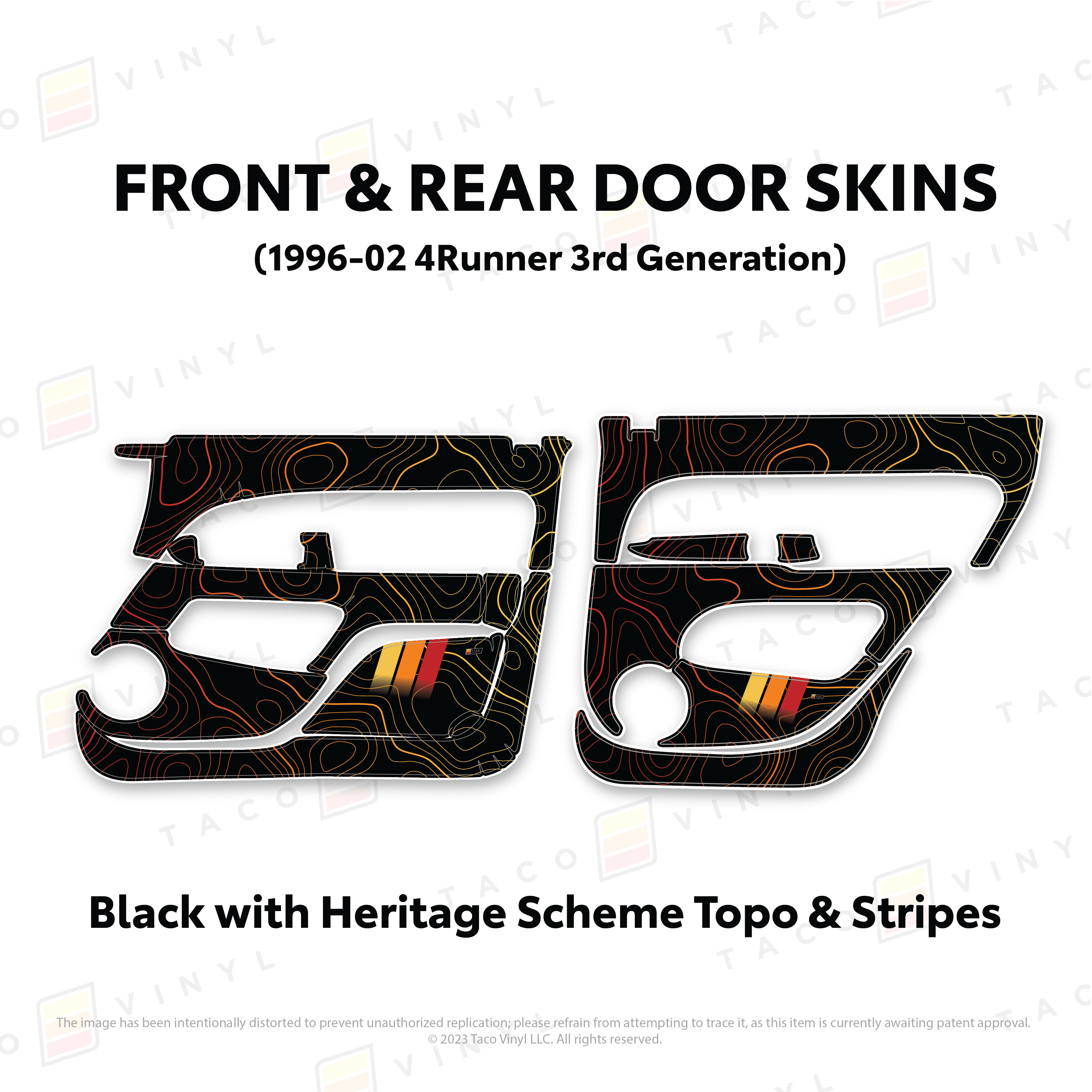 Taco Vinyl Protective Vinyl Front & Rears / Black w/Heritage Scheme Topo & Stripes 1996-2002 4Runner Door Skins