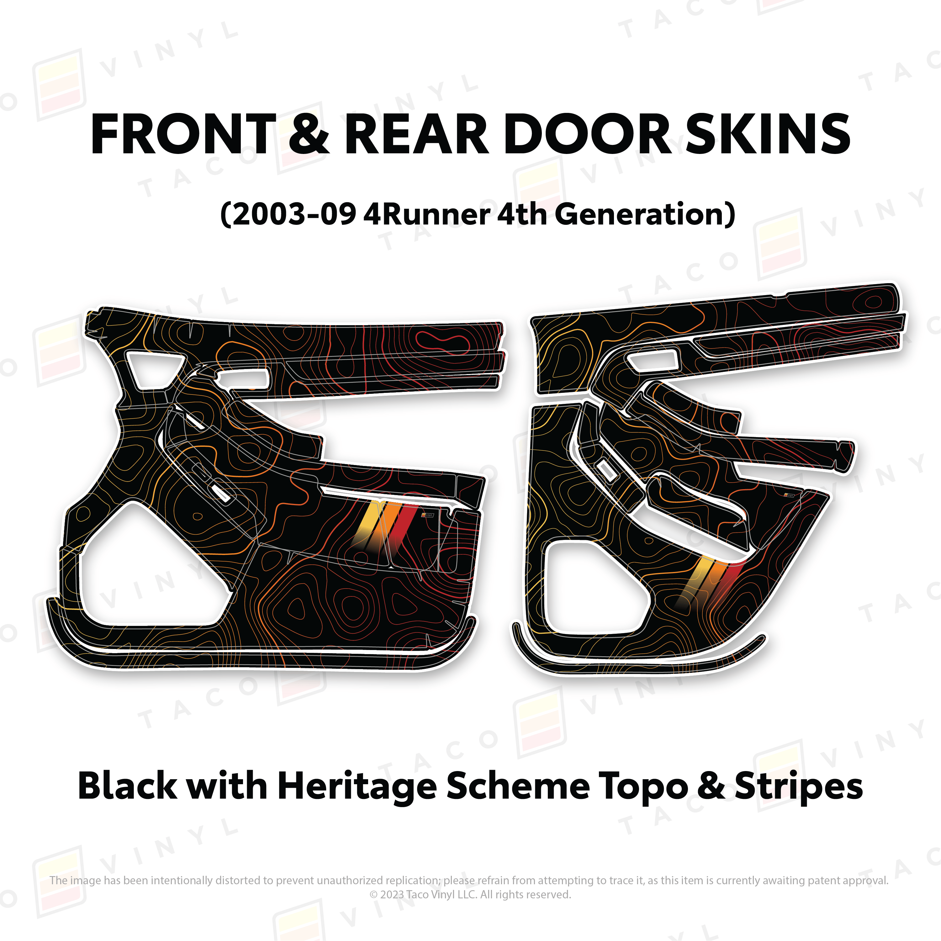 Taco Vinyl Protective Vinyl Front & Rears / Black w/Heritage Scheme Topo & Stripes 2003-2009 4Runner Door Skins