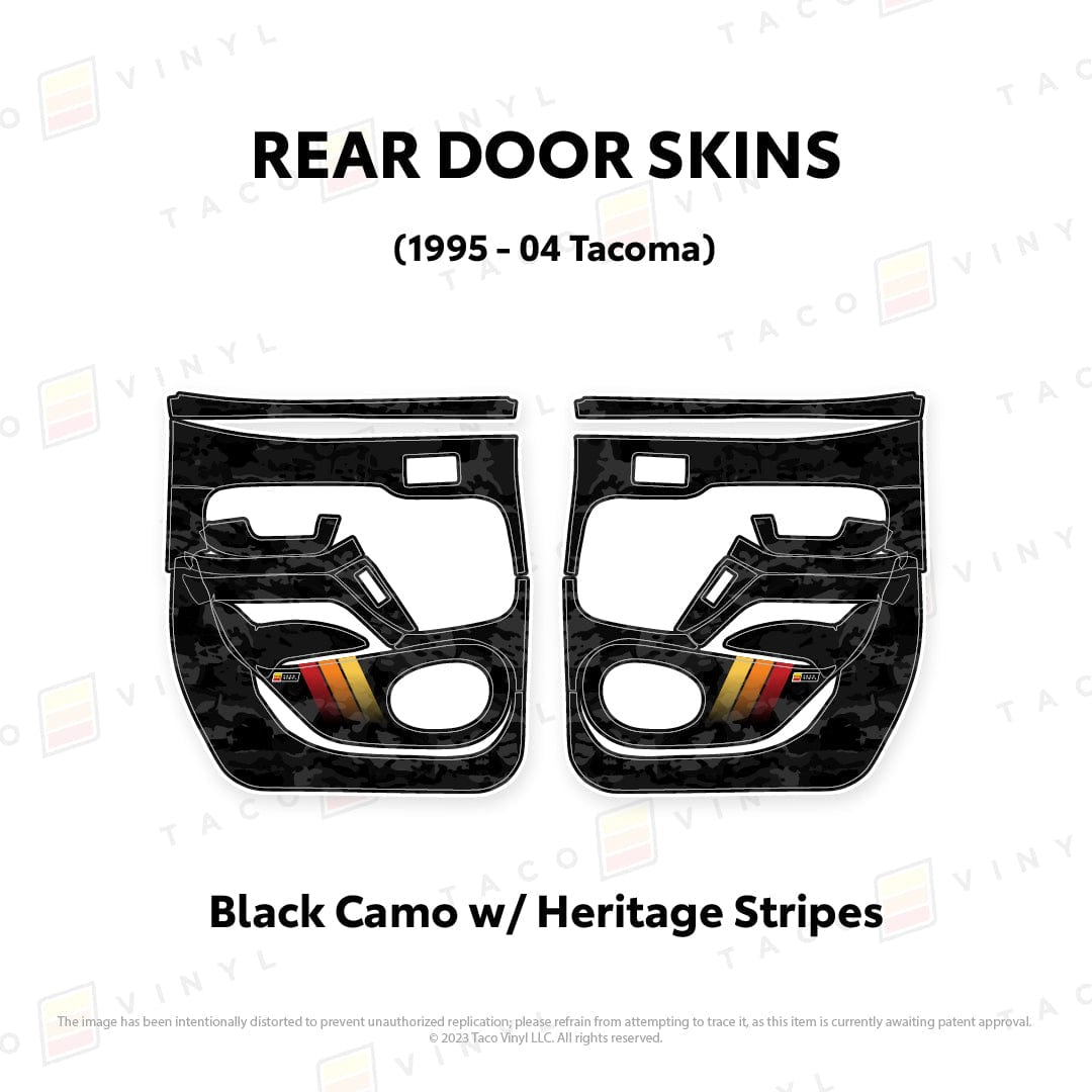 Taco Vinyl Protective Vinyl Rear Driver/Passenger / Black Camo w/ Heritage Stripes 1995-04 Tacoma Door Skins