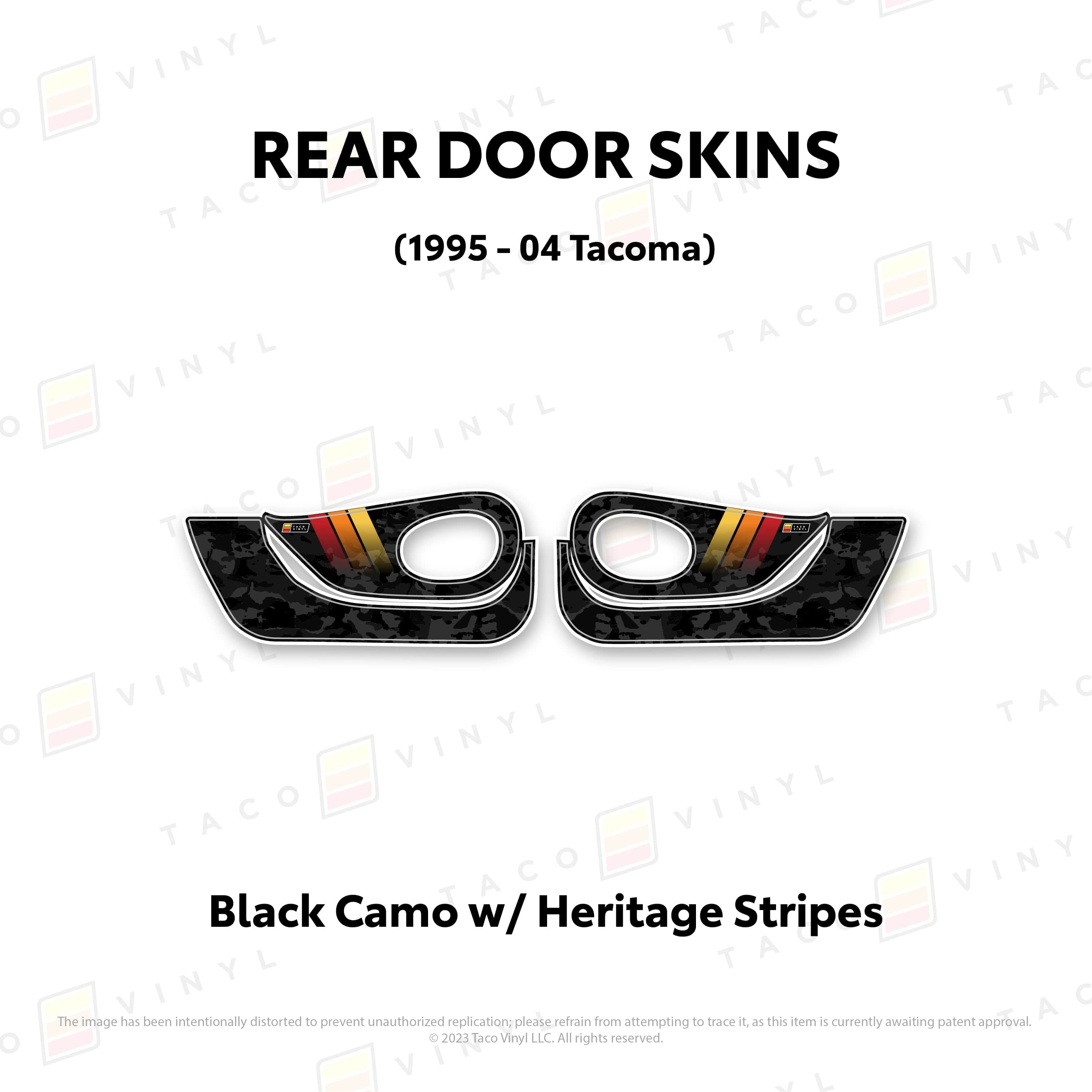 Taco Vinyl Protective Vinyl Rear Driver/Passenger / Black Camo w/ Heritage Stripes 1995-04 Tacoma Door Skins (Lower Section)