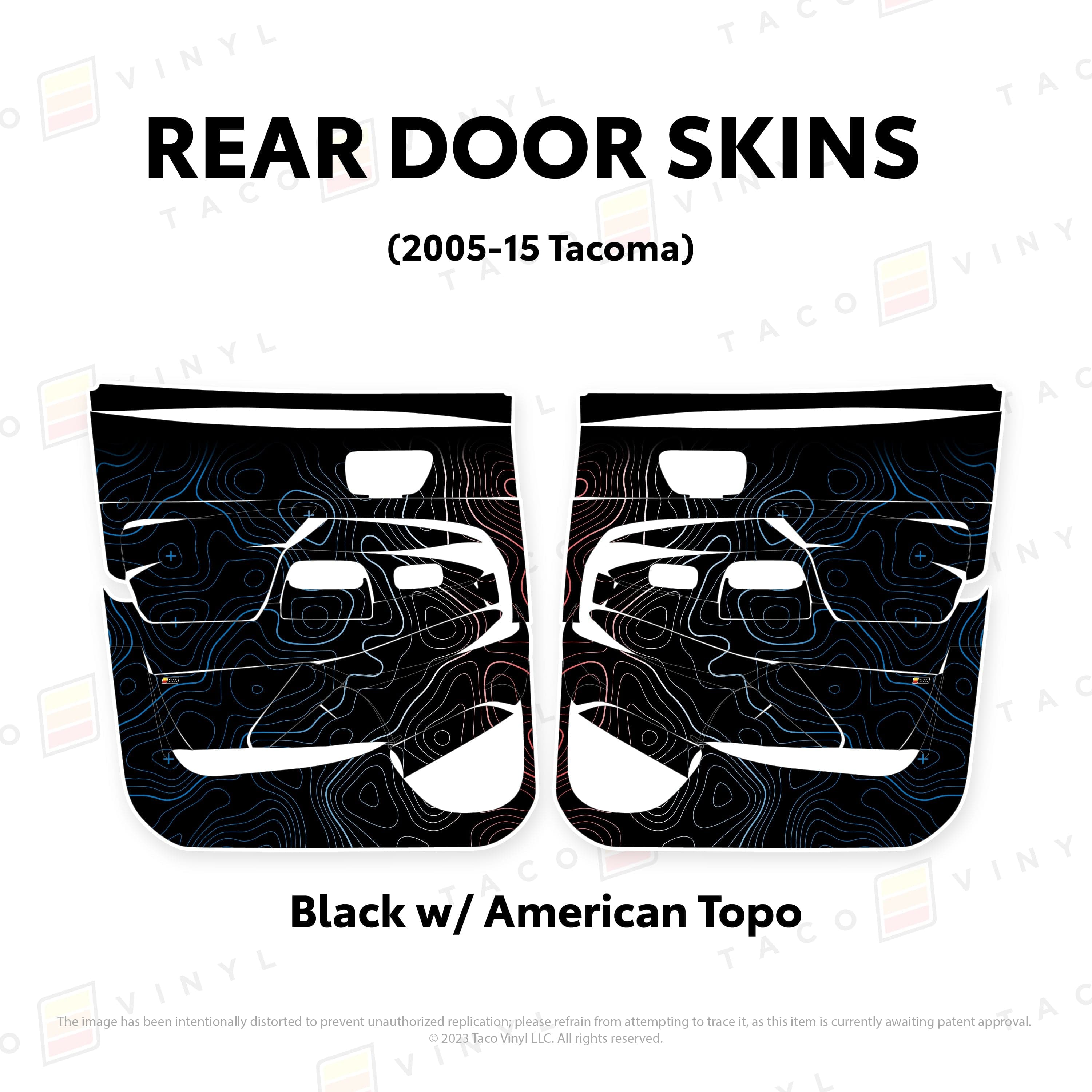 Taco Vinyl Protective Vinyl Rear Driver/Passenger / Black w/American Scheme Topo 2005-15 Tacoma Door Skins