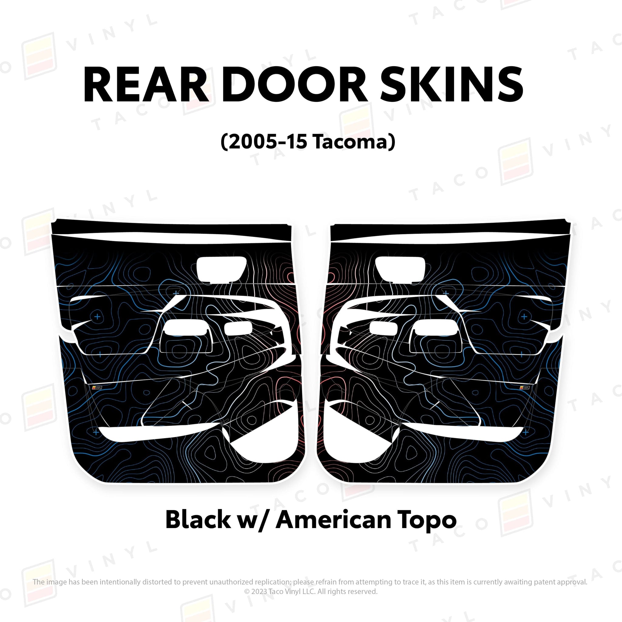 Taco Vinyl Protective Vinyl Rear Driver/Passenger / Black w/American Scheme Topo 2005-15 Tacoma Door Skins