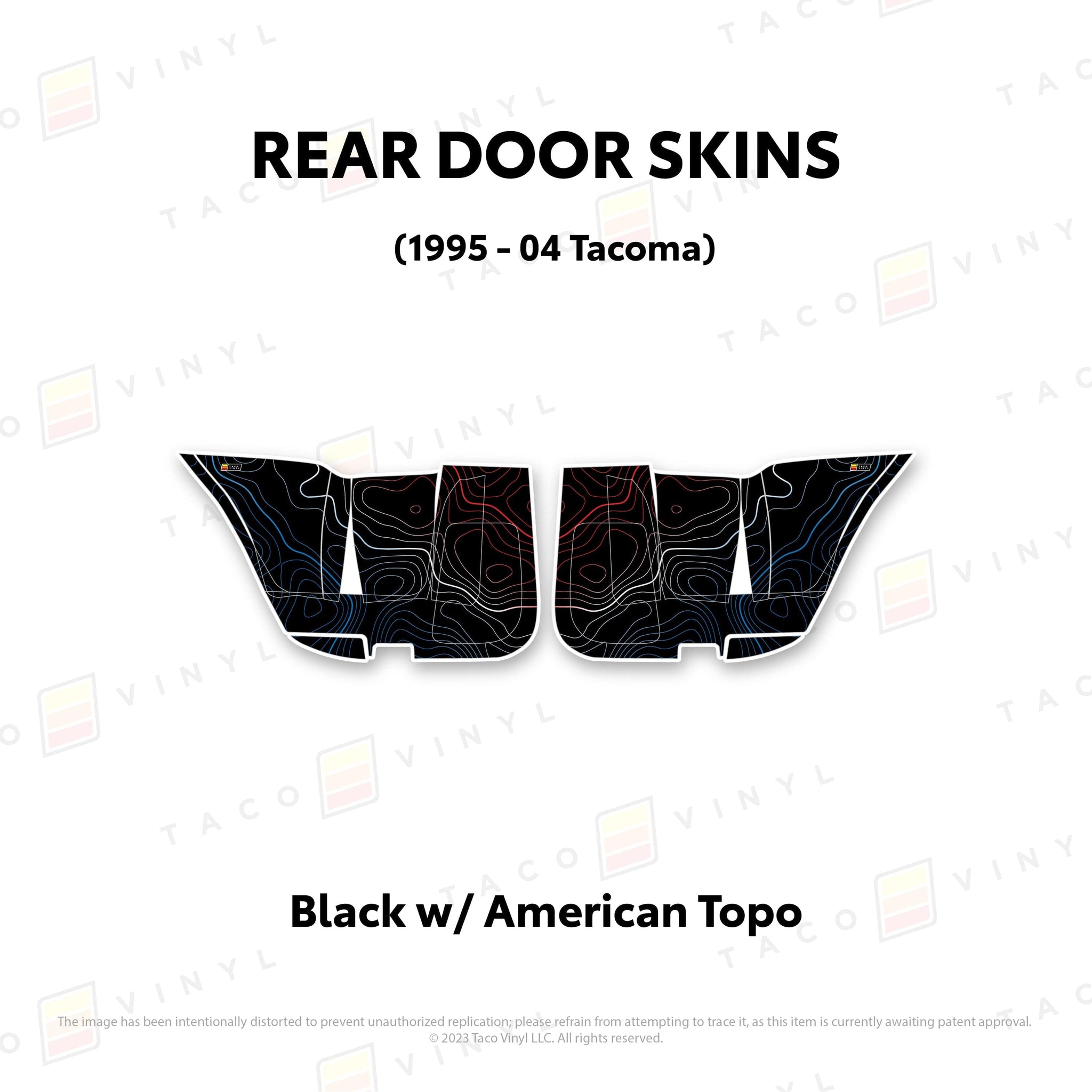 Taco Vinyl Protective Vinyl Rear Driver/Passenger / Black w/American Scheme Topo 2010-24 4Runner Door Skins (Lower Section)