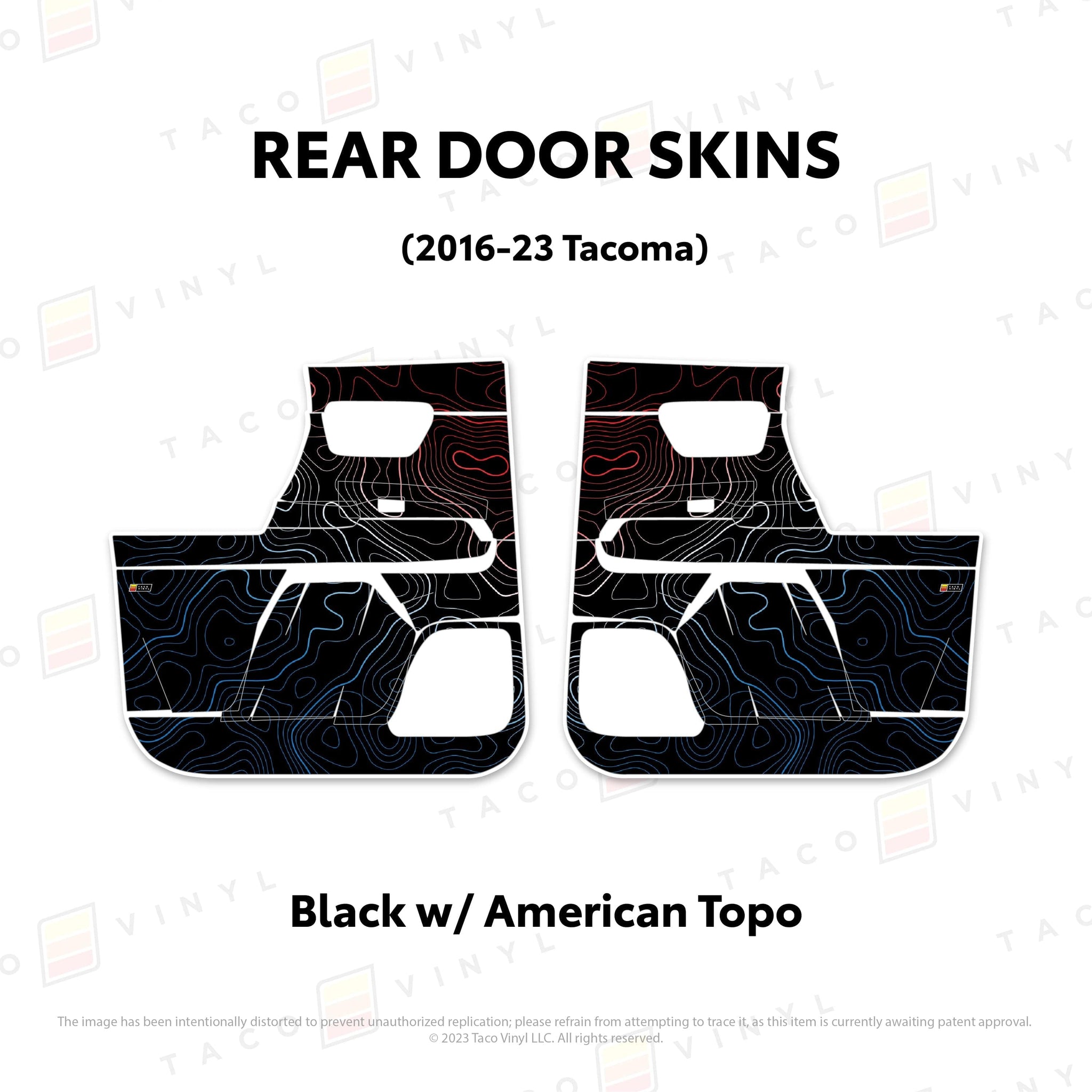 Taco Vinyl Protective Vinyl Rear Driver/Passenger / Black w/American Scheme Topo 2016-23 Tacoma Door Skins