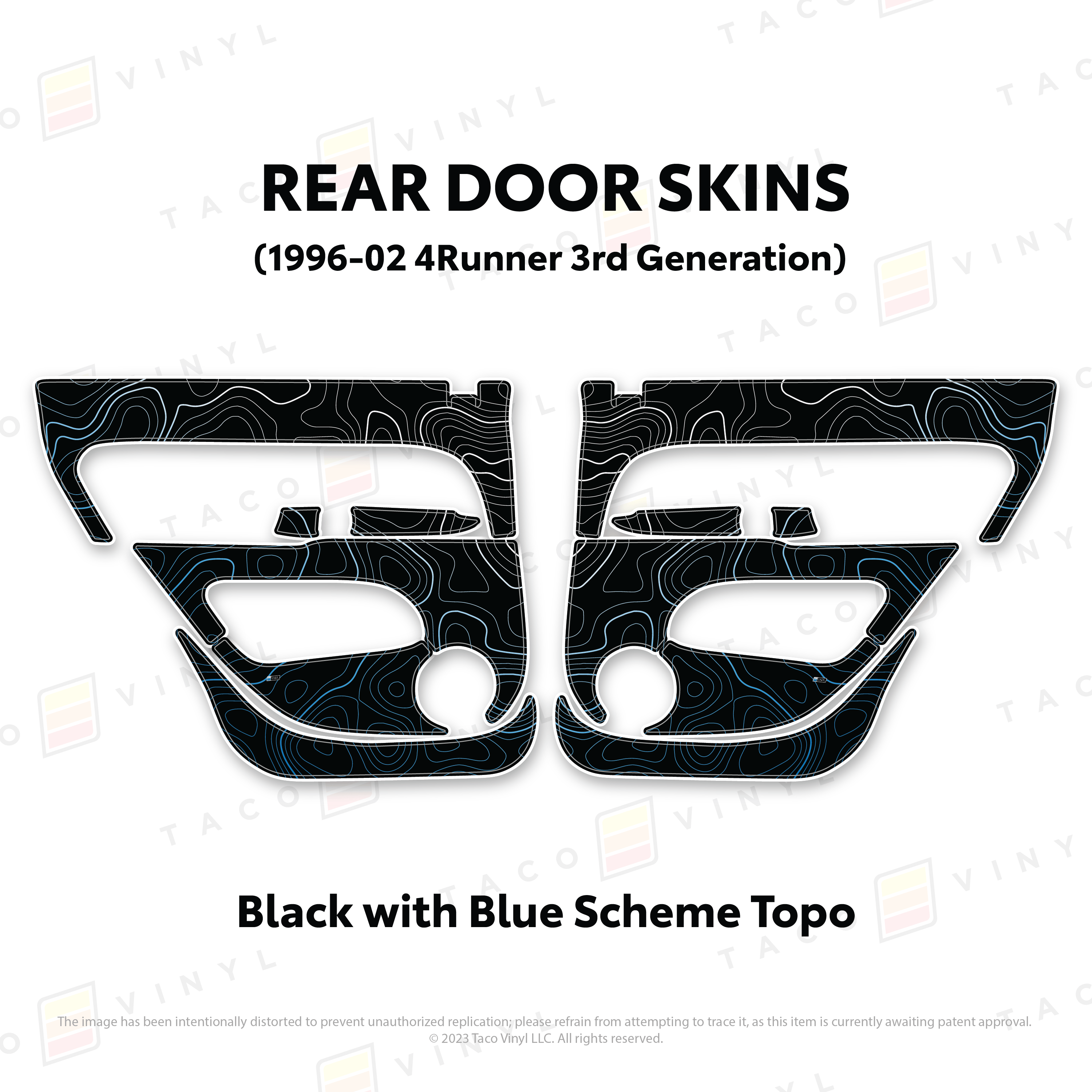 Taco Vinyl Protective Vinyl Rear Driver/Passenger / Black w/Blue Scheme Topo 1996-2002 4Runner Door Skins