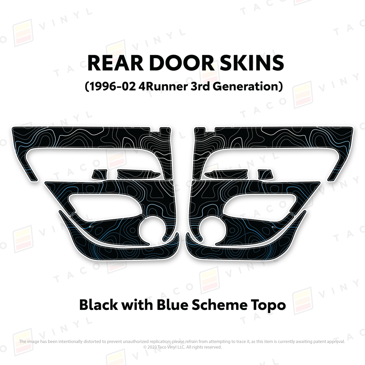 Taco Vinyl Protective Vinyl Rear Driver/Passenger / Black w/Blue Scheme Topo 1996-2002 4Runner Door Skins