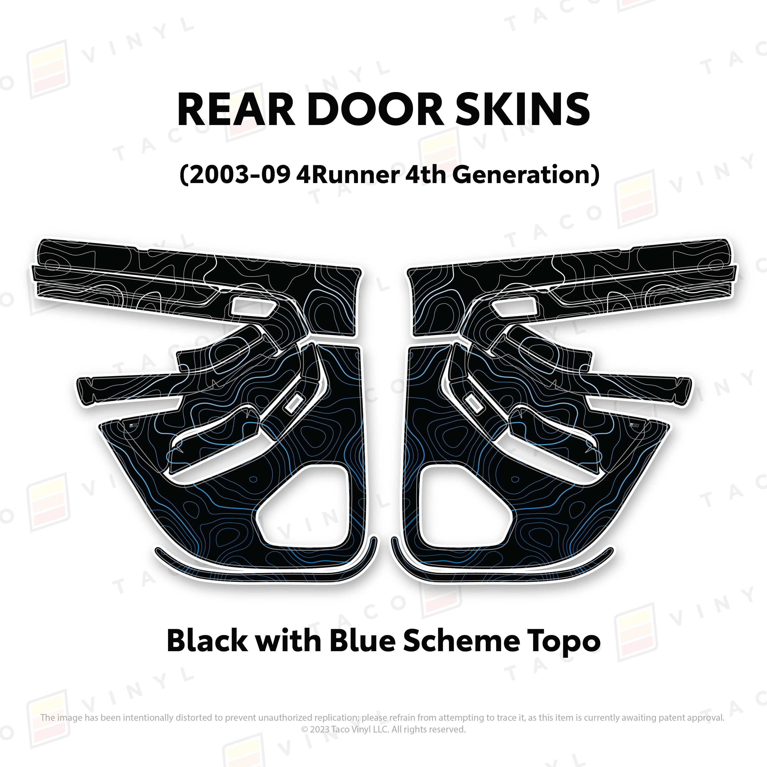 Taco Vinyl Protective Vinyl Rear Driver/Passenger / Black w/Blue Scheme Topo 2003-2009 4Runner Door Skins