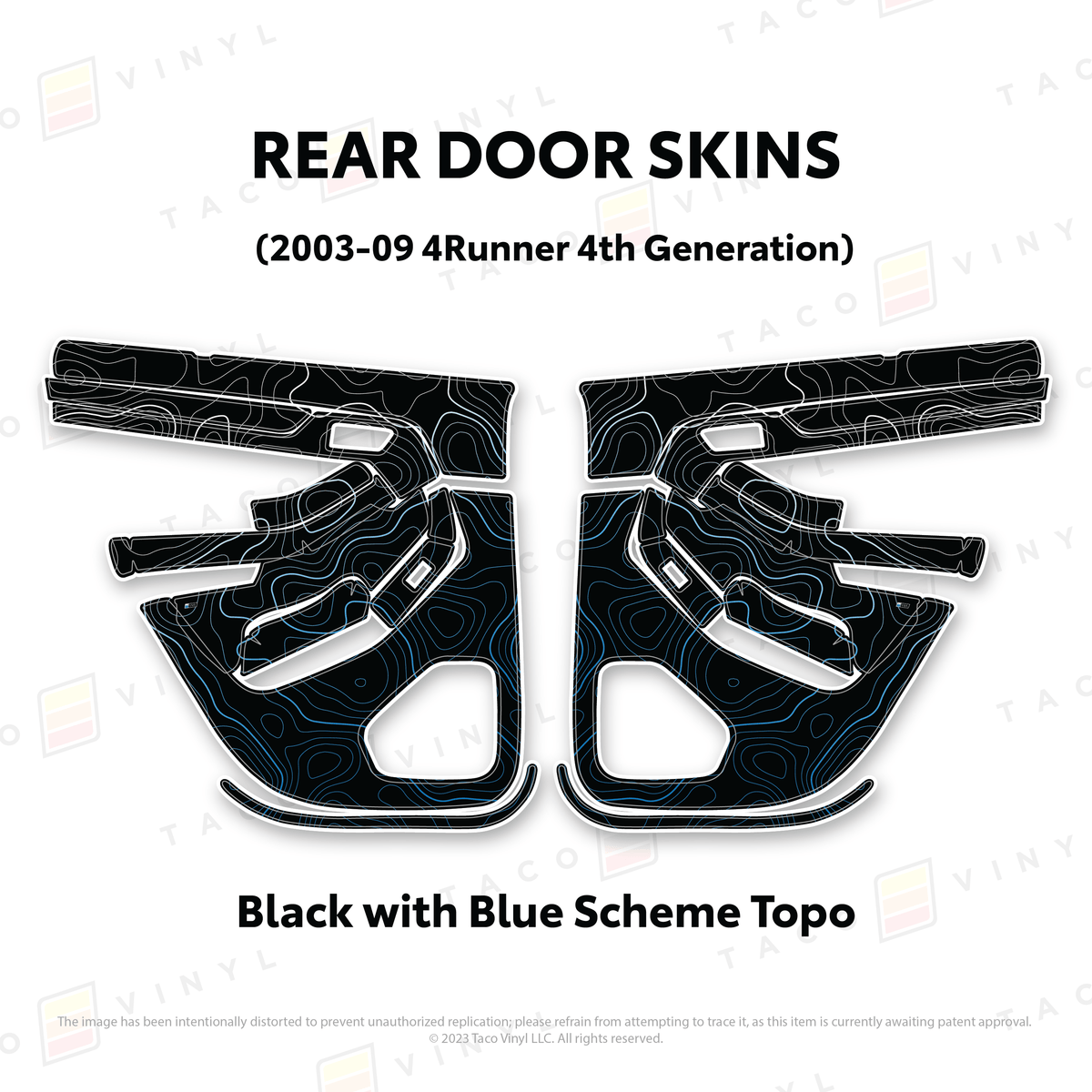 Taco Vinyl Protective Vinyl Rear Driver/Passenger / Black w/Blue Scheme Topo 2003-2009 4Runner Door Skins