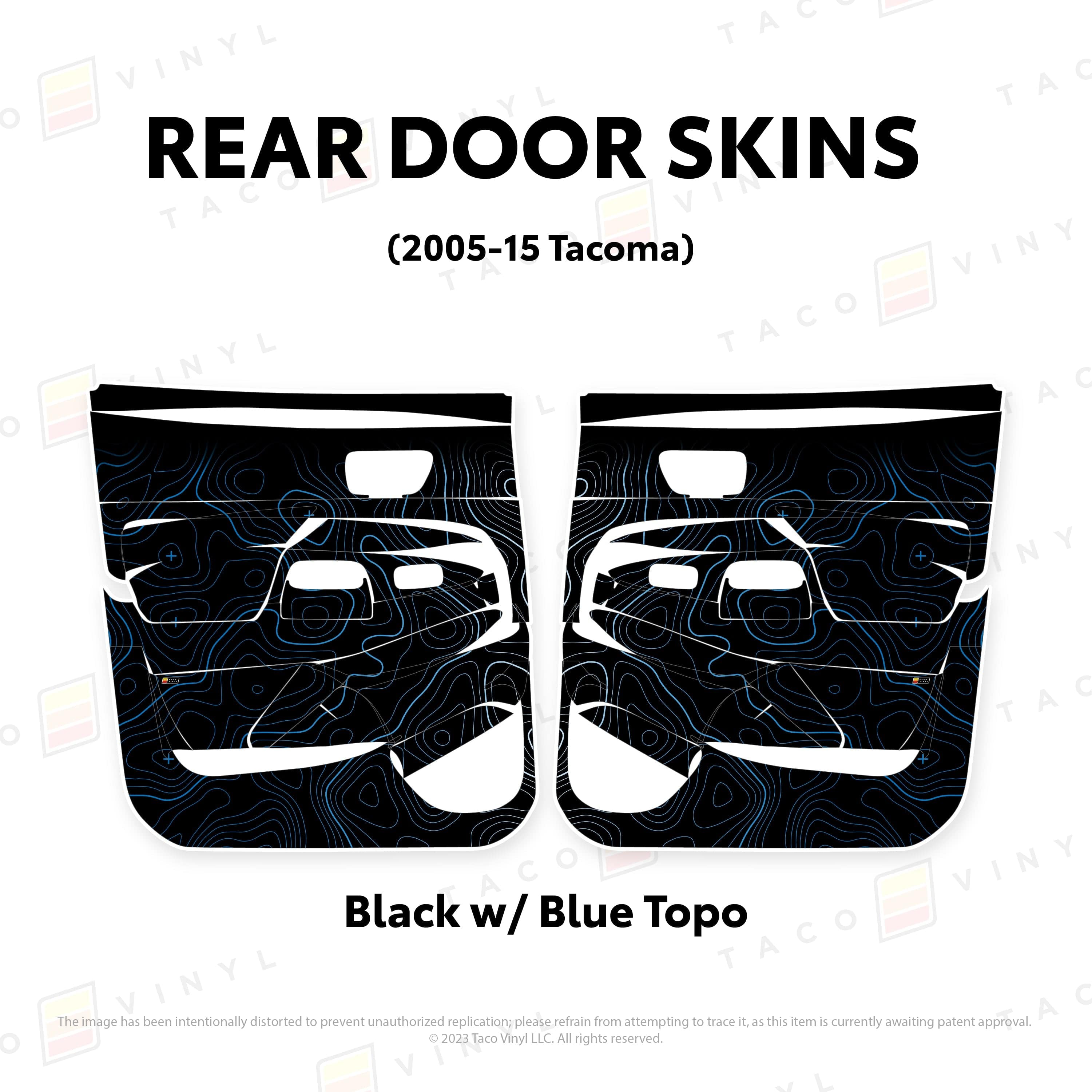 Taco Vinyl Protective Vinyl Rear Driver/Passenger / Black w/Blue Scheme Topo 2005-15 Tacoma Door Skins