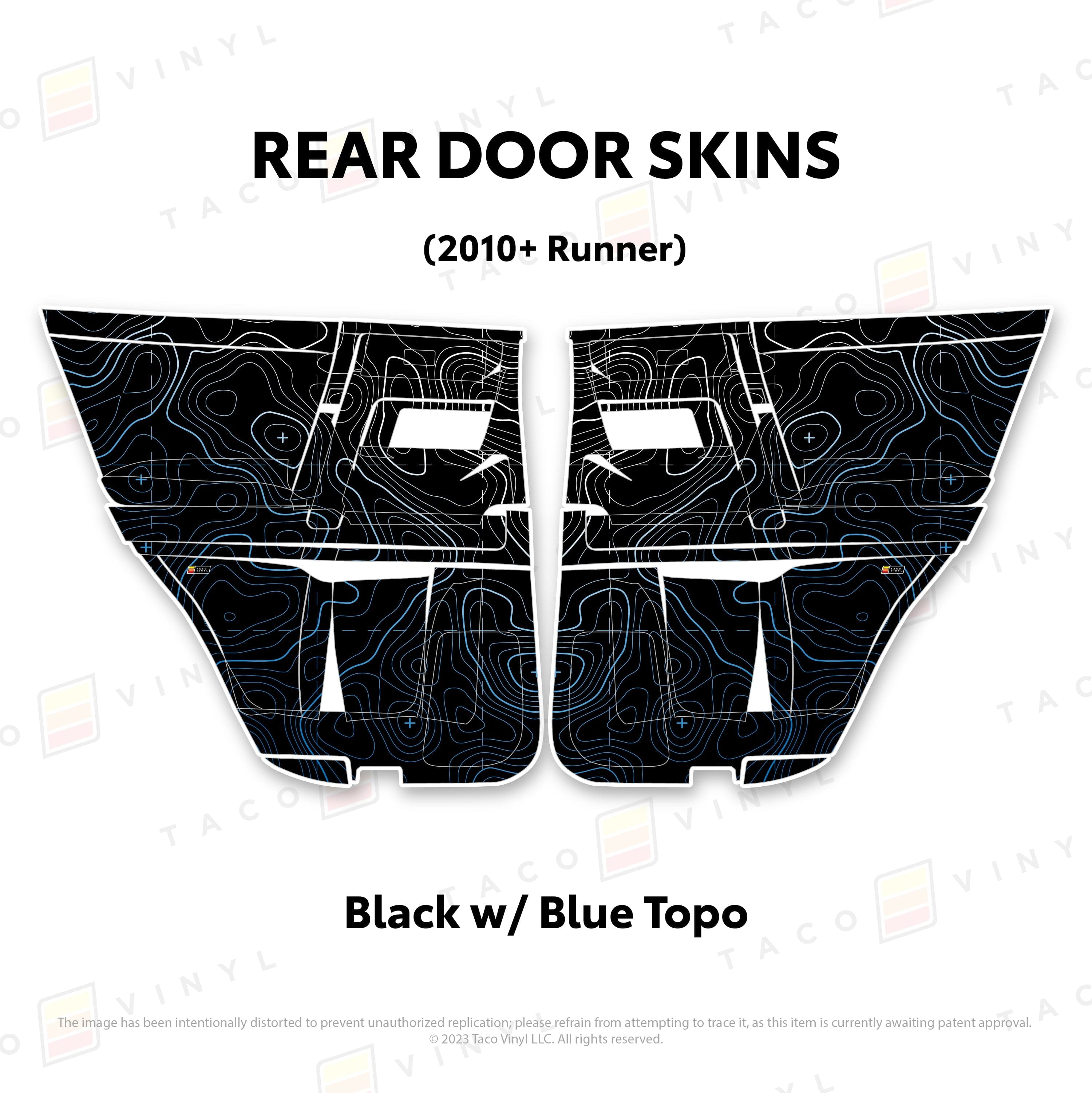 Taco Vinyl Protective Vinyl Rear Driver/Passenger / Black w/Blue Scheme Topo 2010-24 4Runner Door Skins