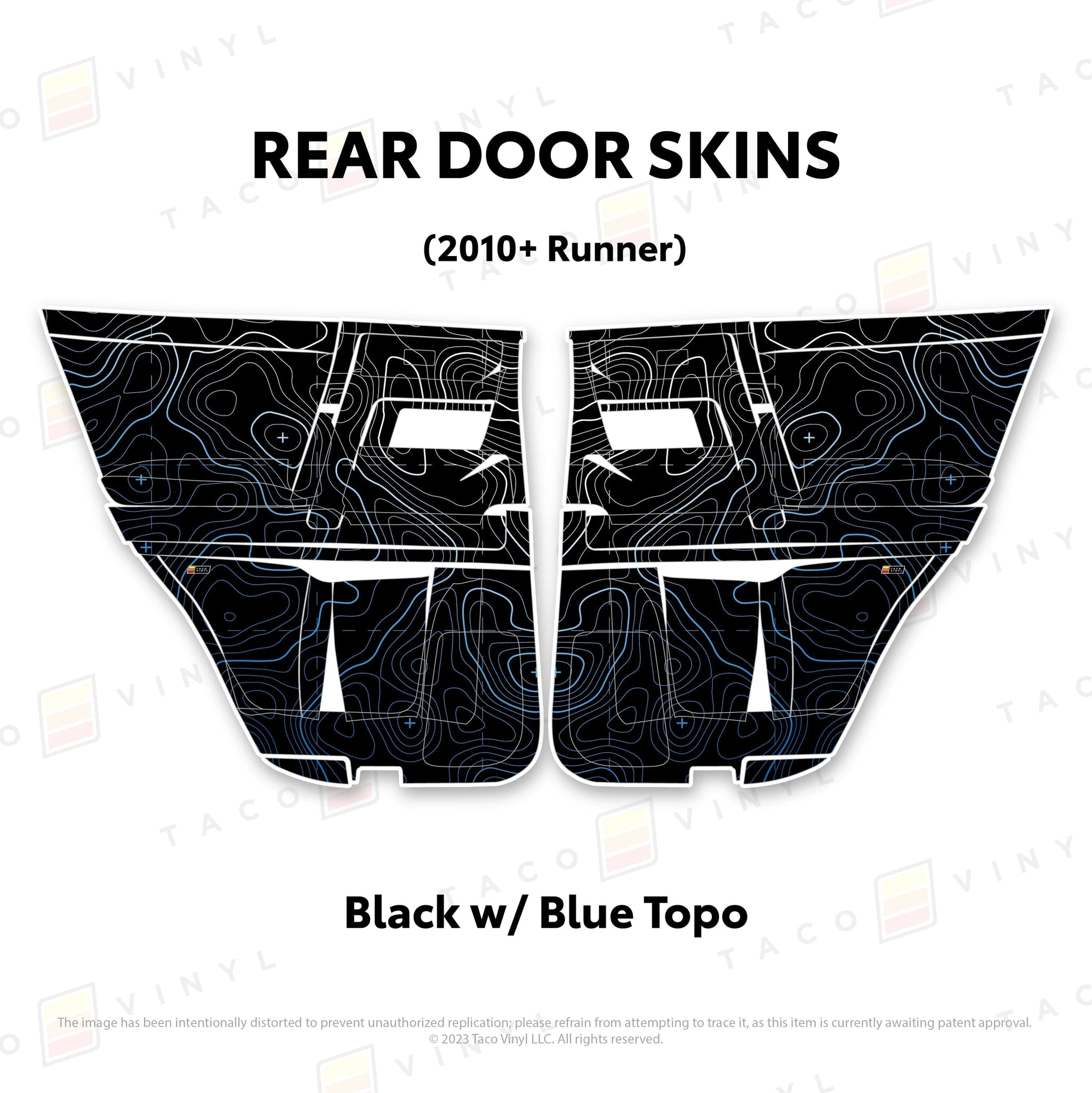 Taco Vinyl Protective Vinyl Rear Driver/Passenger / Black w/Blue Scheme Topo 2010-24 4Runner Door Skins