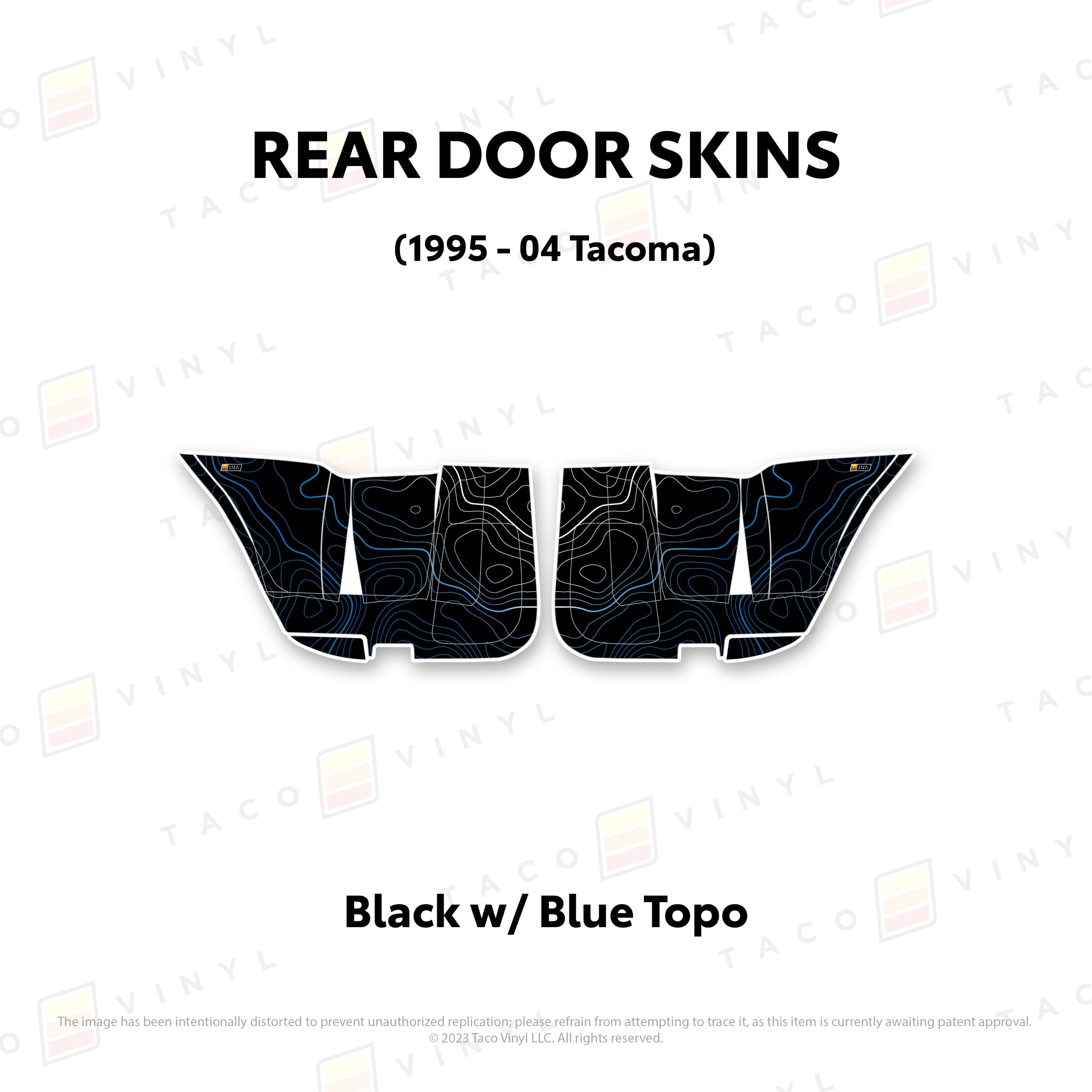 Taco Vinyl Protective Vinyl Rear Driver/Passenger / Black w/Blue Scheme Topo 2010-24 4Runner Door Skins (Lower Section)