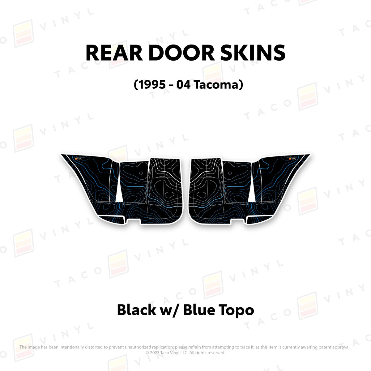 Taco Vinyl Protective Vinyl Rear Driver/Passenger / Black w/Blue Scheme Topo 2010-24 4Runner Door Skins (Lower Section)